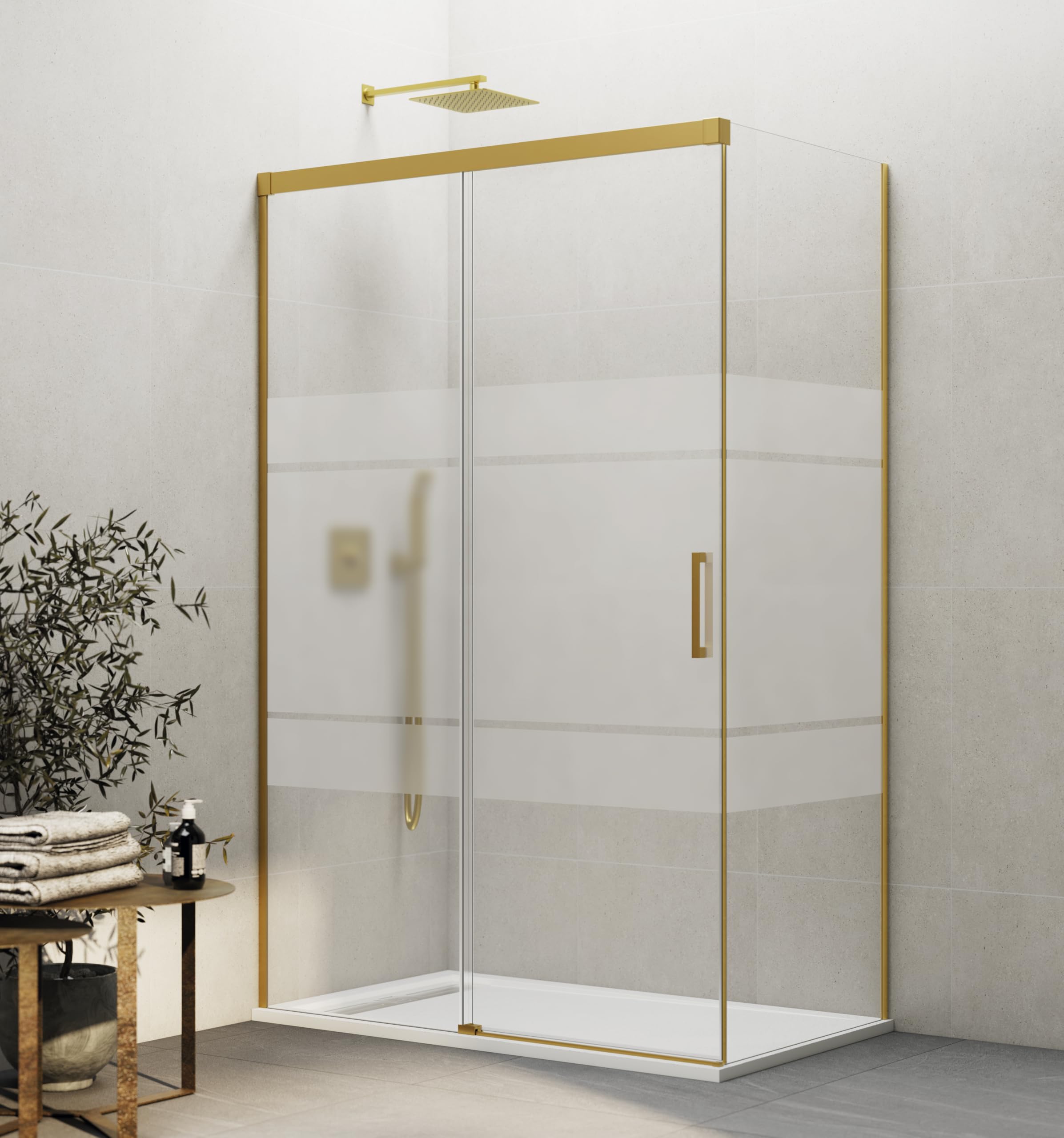 GME - Mampara Ducha Frontal Oro Cepillado 165cm 1 Fija + 1 Corredera + 80cm Panel Lateral Fijo | Mampara de Cristal Reversible 6mm con Ancho Adaptable y 196cm de Altura