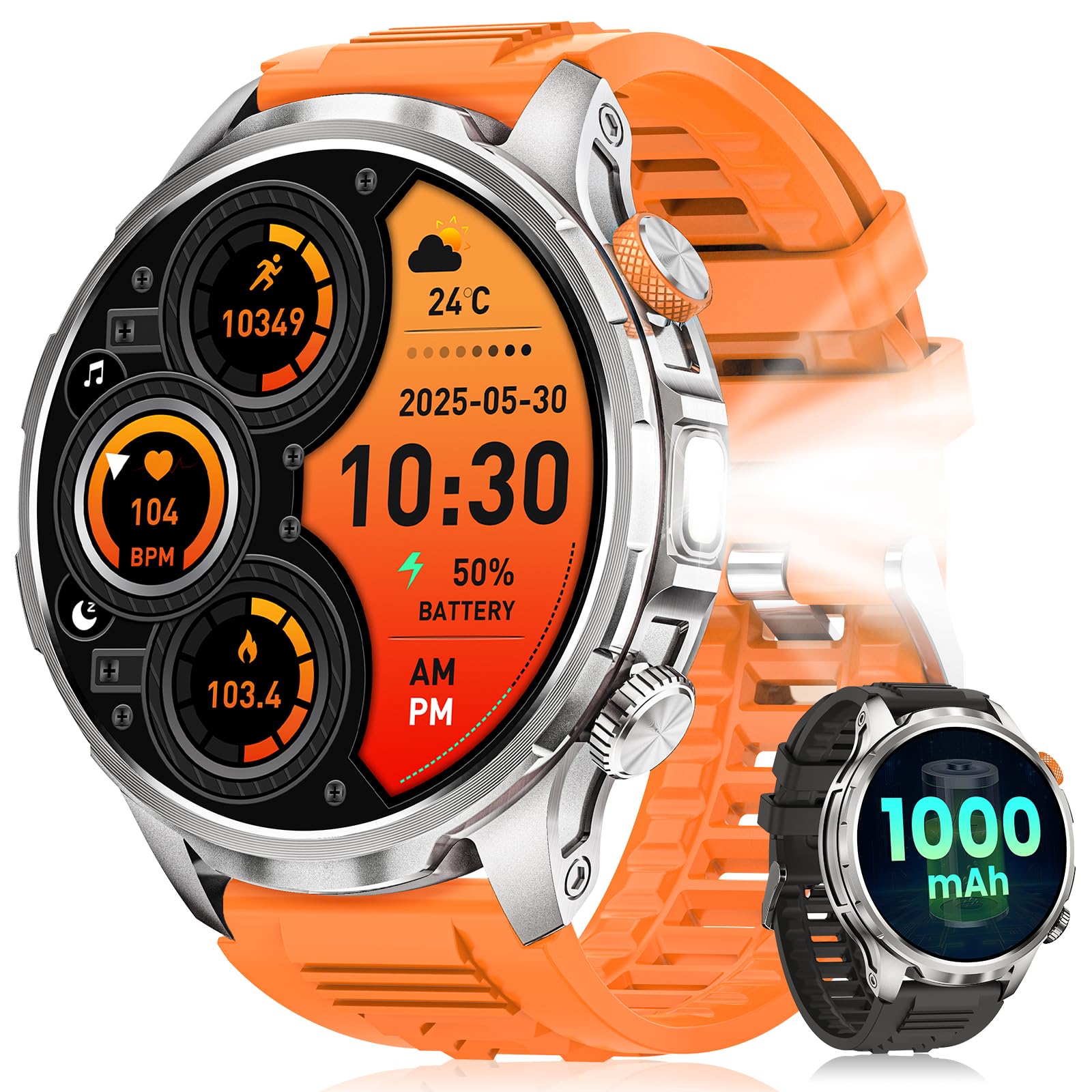 Smartwatch Uomo Militare con 1000mAh/Torcia LED/5ATM, 1,91" AMOLED Smartwatch Fitness con Chiamate/110+ Modalità Sportive/24H Cardiofrequenzimetro/SpO2/Sonno/Notifiche Messaggi Android iOS Arancione