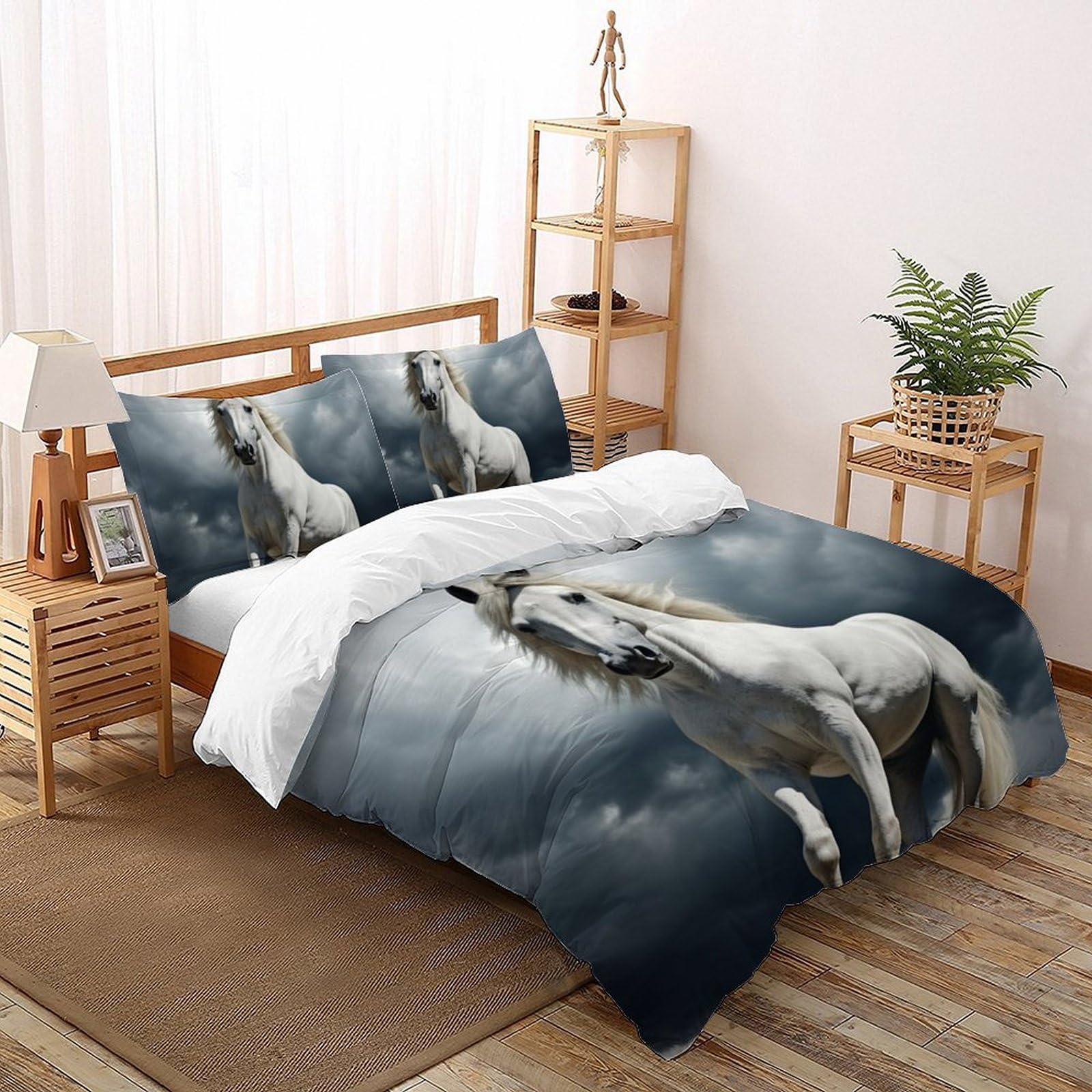 Housse de couette cheval blanc 200x200cm en microfibre avec 2 taies d'oreiller pour lit double