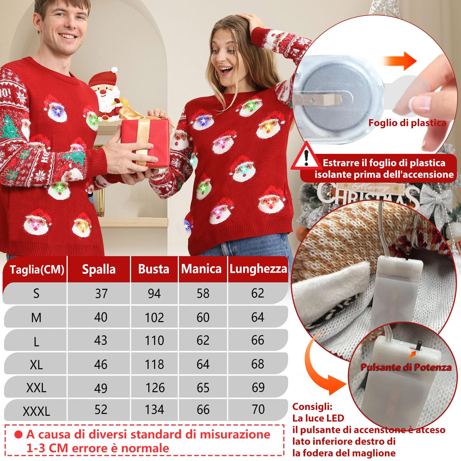 Kouric Maglione Natalizio Luci Coppia, Maglioni Natalizi Famiglia Ugly Christmas Sweater con a LED, Divertenti Maglione Natale Illumina Manica Lunga Brutti per Donna/Uomo/Famiglia