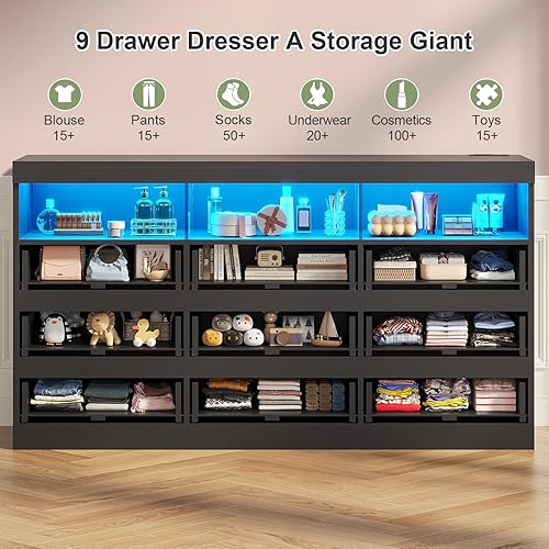 Miniatura 4 de BTHFST Cómoda para dormitorio, cómoda de 8 cajones con luz RGB, cómoda ancha de madera, cómoda doble sin asas con compartimento abierto, para sala