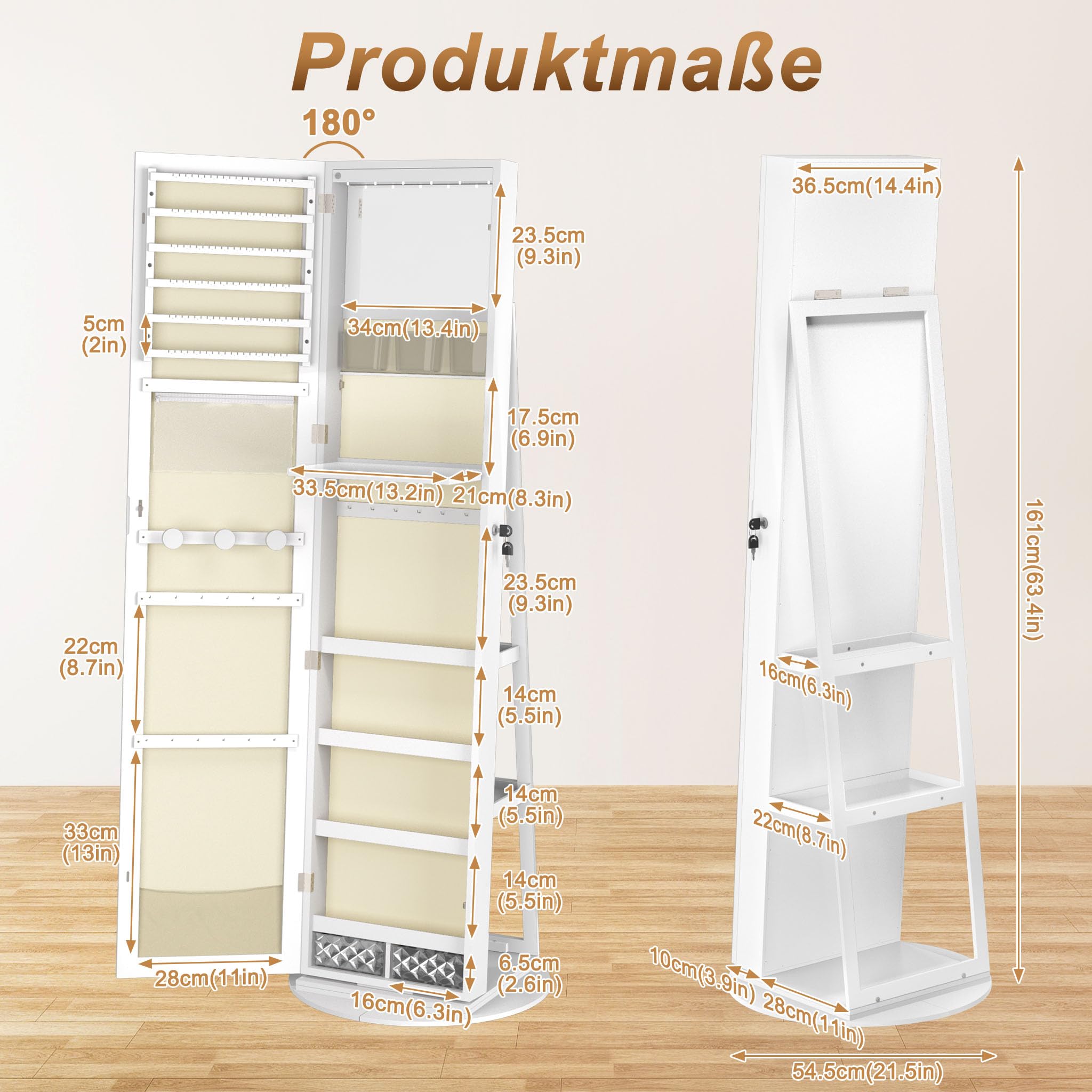 LZQ Armoire à bijoux avec miroir et lumières LED - Pivotant à 360° - Verrouillable - Organiseur de bijoux 3 en 1 - Grand rangement de bijoux - 161 x 54,5 x 10 cm - Blanc