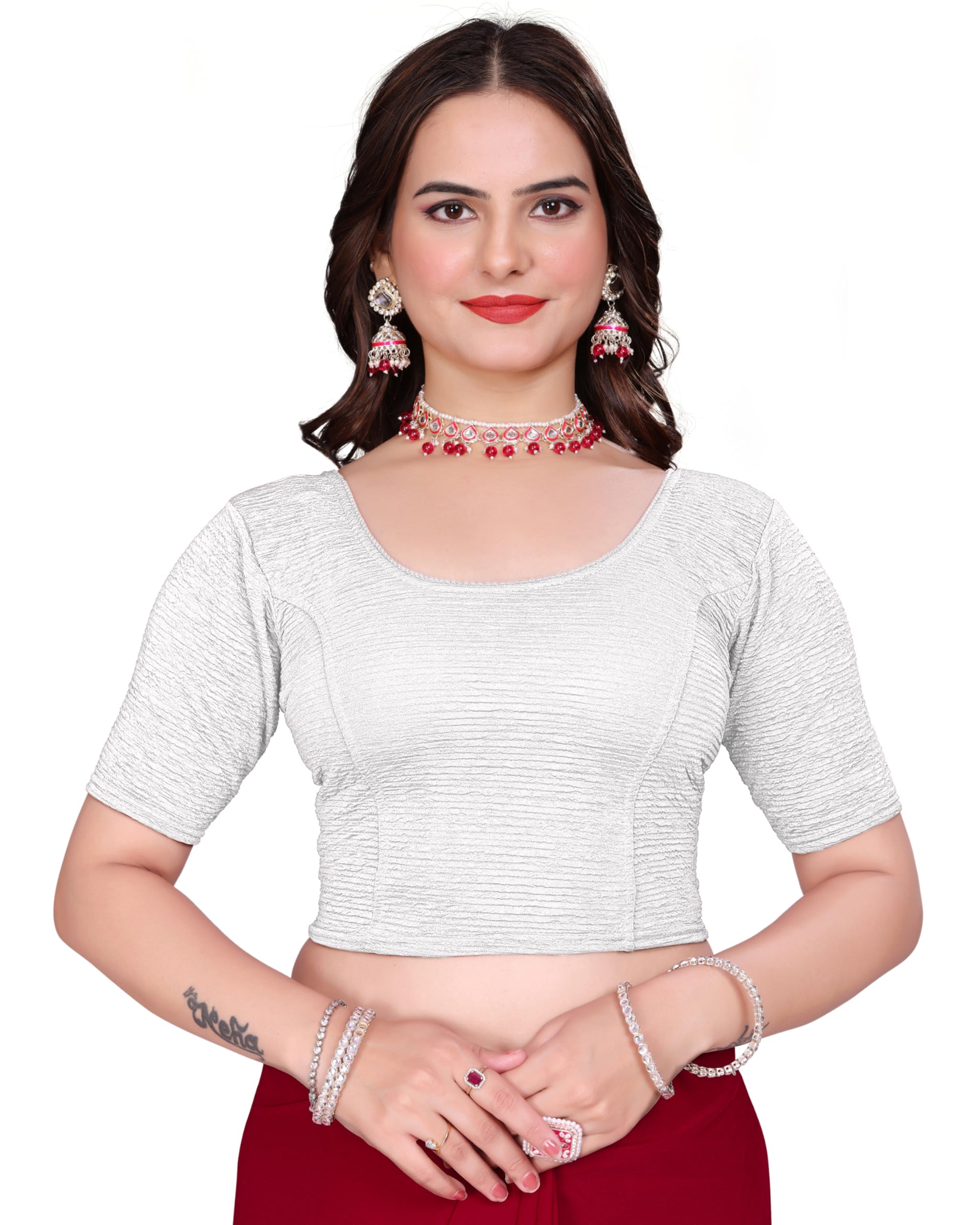 Women's White Stretchable Lycra Crop Blouse, Size 38, Short Sleeve Choli-picture-10