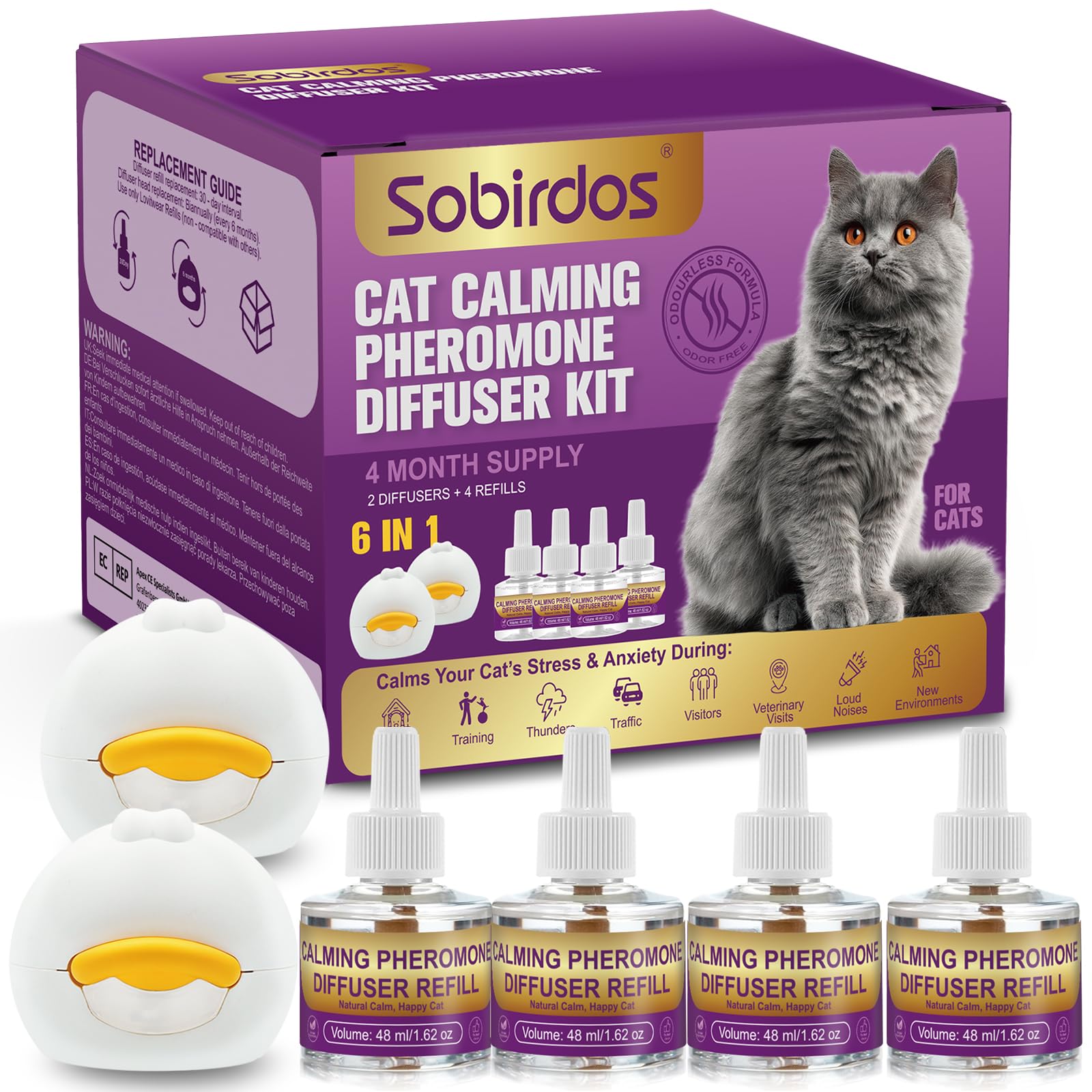 Kit Diffusore di Feromoni Calmanti per Gatti – 2 Diffusori + 4 Ricariche, Riduce l'Ansia e l'Urminazione Inappropriata, Ideale per Traslochi, Temporali e Nuovi Ambienti, Blu | Formula sicura e naturale, senza farmaci Riproduce feromoni calmanti della madr