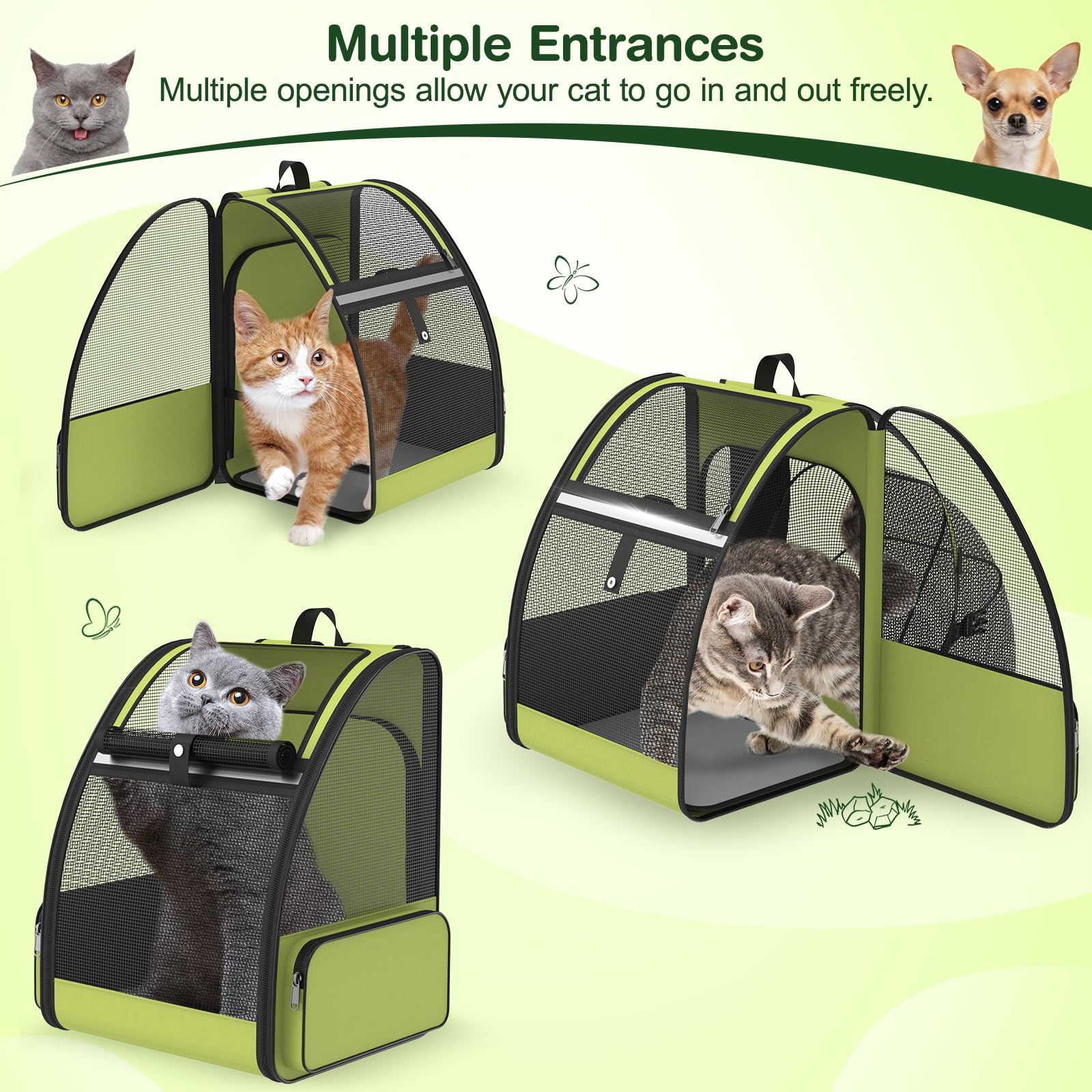 Sac à dos de transport pour chat pour voyage et randonnée : extensible, pliable, respirant, maille douce, design ergonomique pour petit chien, chiot et chaton jusqu'à 6,8 kg, vert