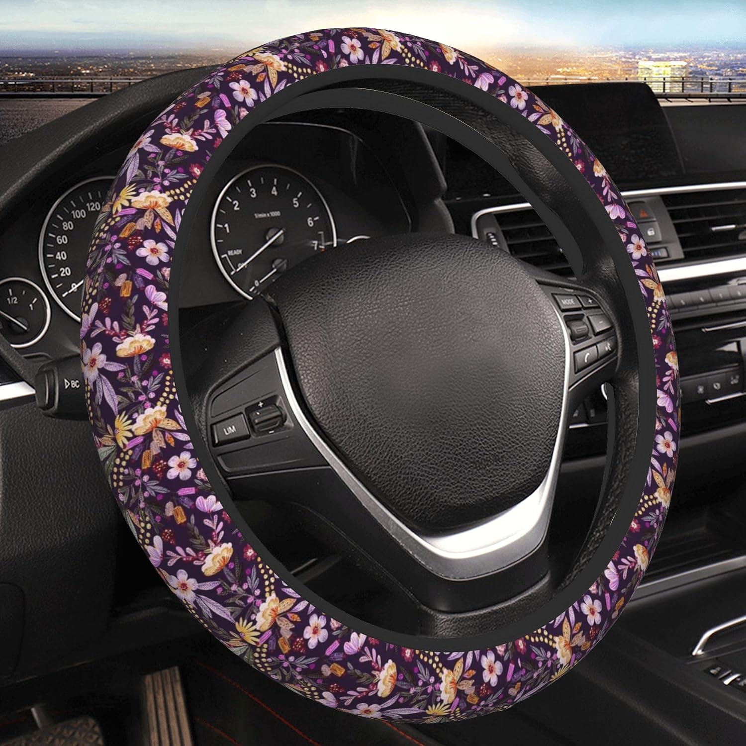 Steering Wheel Cover 15 Inch - Vintage Purple Flowers