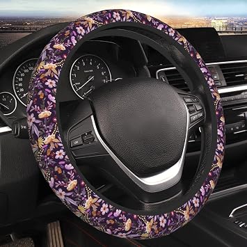 Steering Wheel Cover 15 Inch - Vintage Purple Flowers | Universal Fit Car Interior Accessories for Women Men Breathable Anti Slip Odorless Neoprene Car Decor Protector