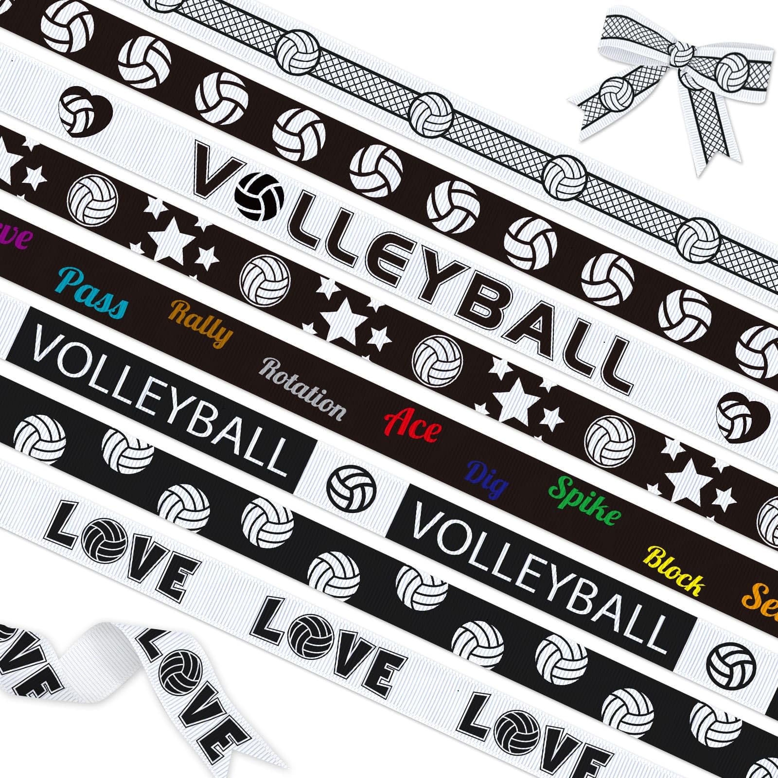 YKW Volleyball Ribbon, 3/8 Inch 8 Rolls 24 Yards, Grosgrain Ribbons with Spike It Go Team Pattern for Present Wrapping Hair Bows Cheer Wreaths