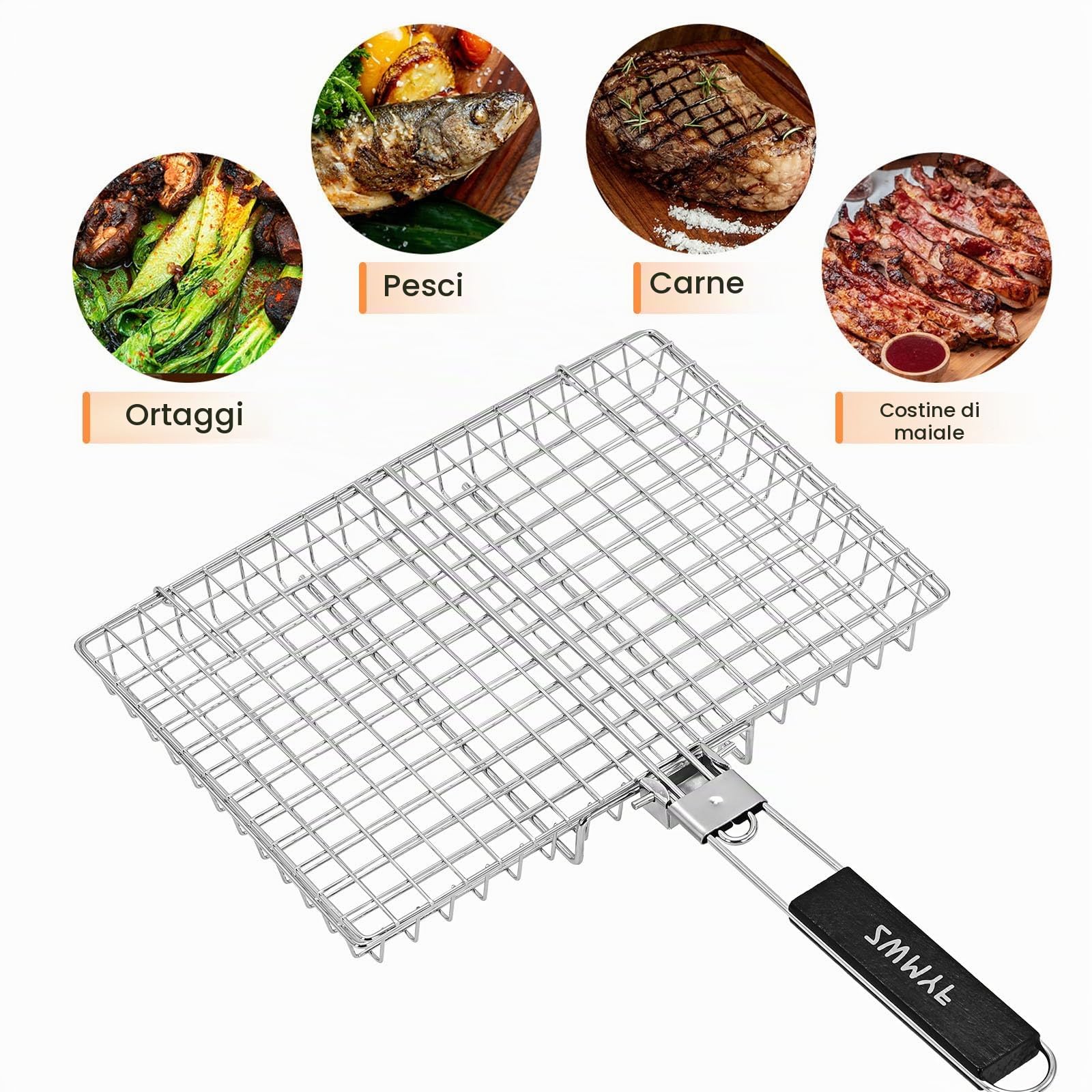 Robusto cestino per barbecue in acciaio inox per campeggio e barbecue: griglia pieghevole portatile con manico rimovibile, rete antiaderente per pesce, verdure, gamberetti, hamburger e altro