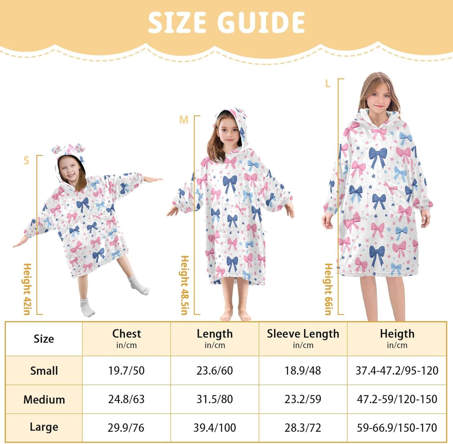 Pink Blue Bows Kids Wearable Blanket Hoodie with Pocket and Sleeves for Toddlers, Cute Hoodies 3-14 Year Girls Boys