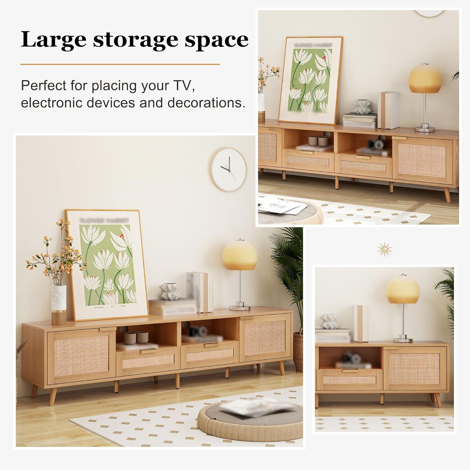 Rattan TV Stand for 85'' TV, Modern Farmhouse Media Console Table with Drawers, Open Shelves & Storage Cabinets, Boho Entertainment Center with Solid Wood Legs for Living Room Bedroom Office, Natural