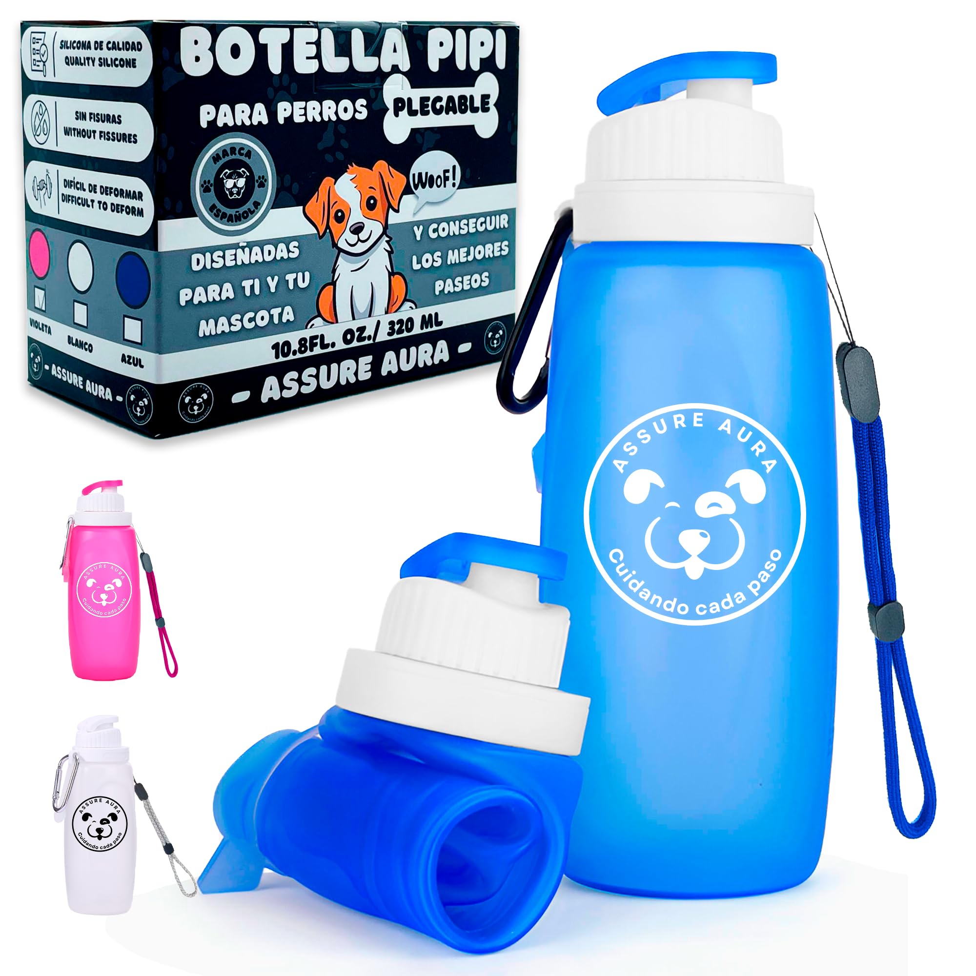 Botella Pipi Perros Silicona 320ml-1 Botella Limpiar Pipi Perros Calle+ 1 Mosquetón+ 1 Cuerda Ajustable- Botella de Agua para Perros- Limpiar pis y orina- Accesorios Perros Multiusos