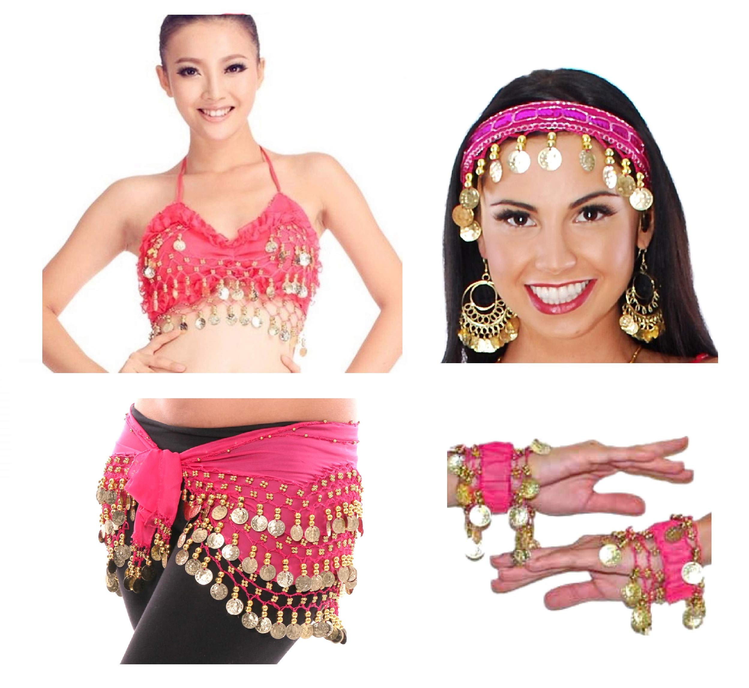 vritraz Women's Chiffon Belly Dance Hip Waistband 1 Scarf, 1 Top, 1 Headband, 1 Handcuff with Ringy Golden Coins (Pack of 4)-picture-21
