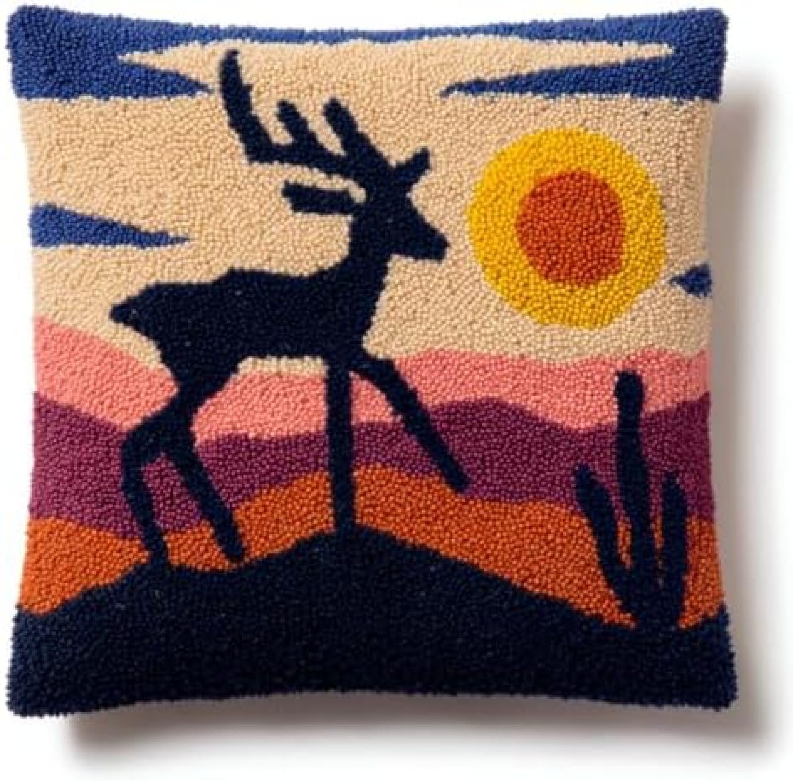 kitphoenix Antelope and Sunset DIY Latch Hook Kit for Adults,Cushion Cover Craft Set with Printed Canvas,Yarn and Hook,43x43 cm Handmade Gift for Women
