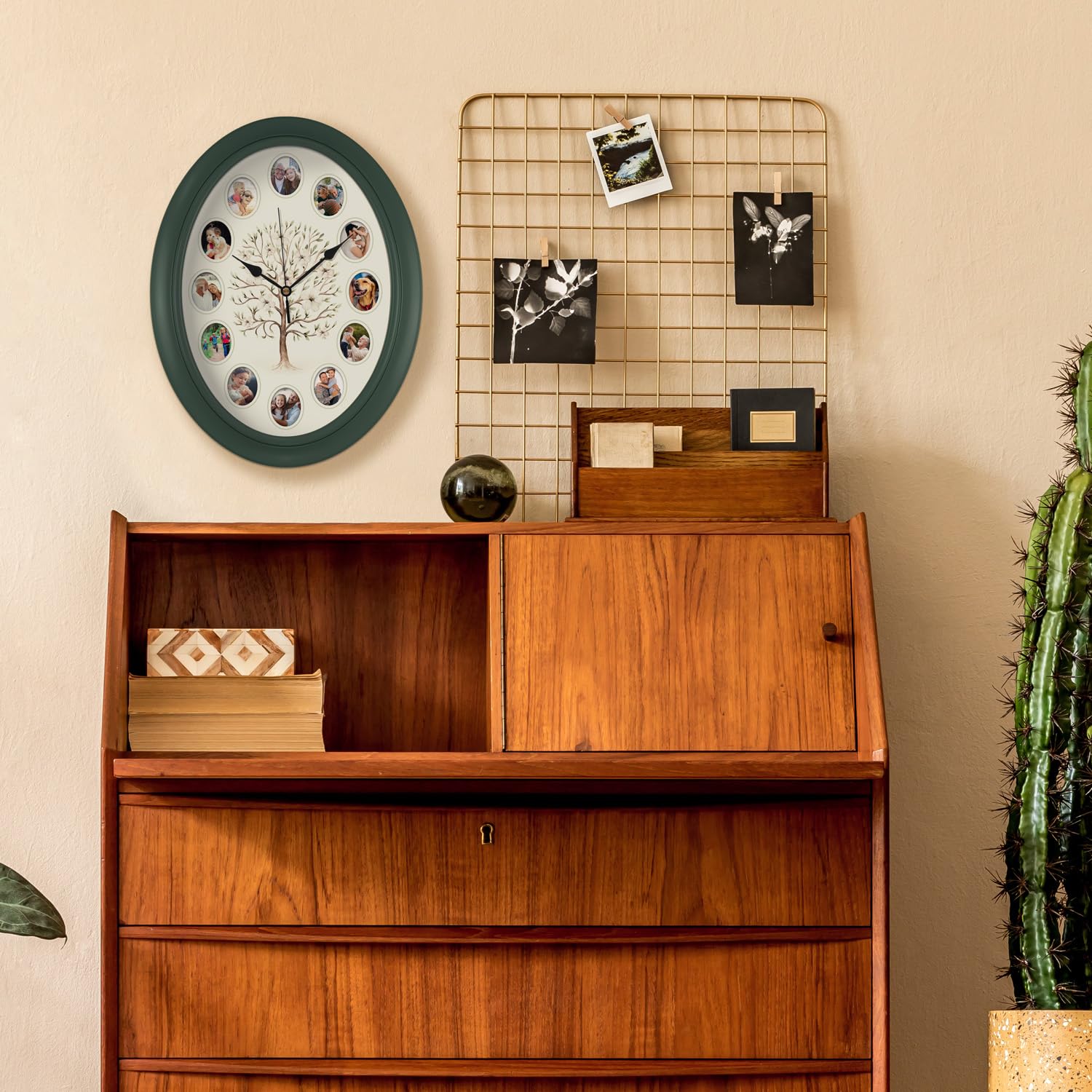 Mark Feldstein & Associates Family Tree Personal Photo Frame Oval Wall Clock, 14 Inch, Customize with Your Photos of Loved Ones