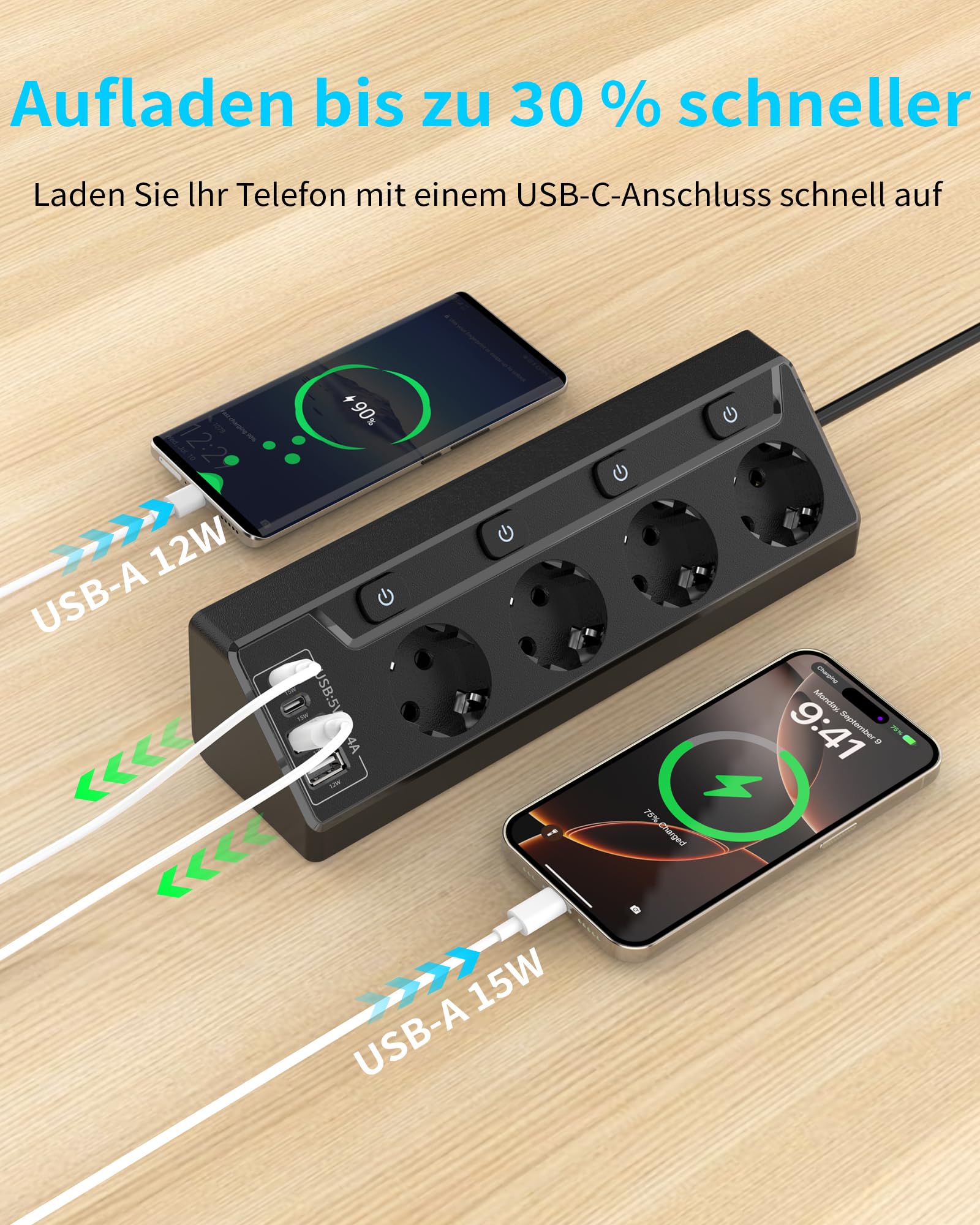 Ciabatta elettrica commutabile singola, presa multipla a 4 prese, con USB, 8 in 1, con cavo da 2 m, per casa e ufficio, 16 A, 3680 W (nero)