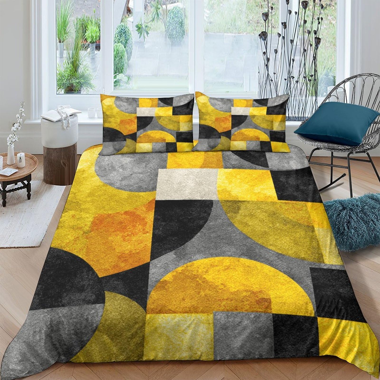GPLZQXKJNH 3D Printed Geometric Patchwork Duvet Cover Microfiber Soft Yellow Grey Abstract Quilt Cover Set with 2 Pillowcases for Bedroom Home Single（135x200cm）