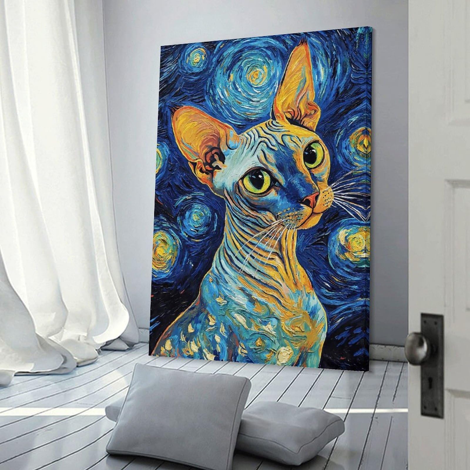 Junmoney Frame-Style-3 Sphynx Cat Starry Night Home Decor Wall Art 20X30inch(50X75cm), For Lounge, Study, Hallway Or Flat Walls, Stylish Home Artwork For Focal Walls