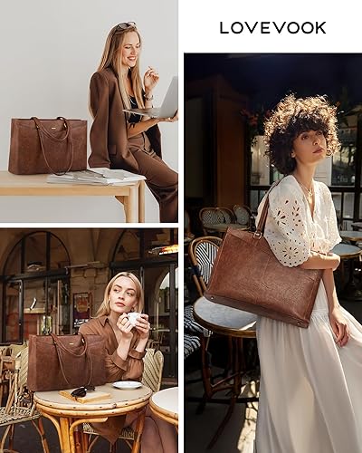 Miniatura 7 de LOVEVOOK Bolsa para laptop para mujer, bolsa de mano para laptop de 15.6 pulgadas para mujer, bolsa de cuero vintage, bolsa de trabajo para