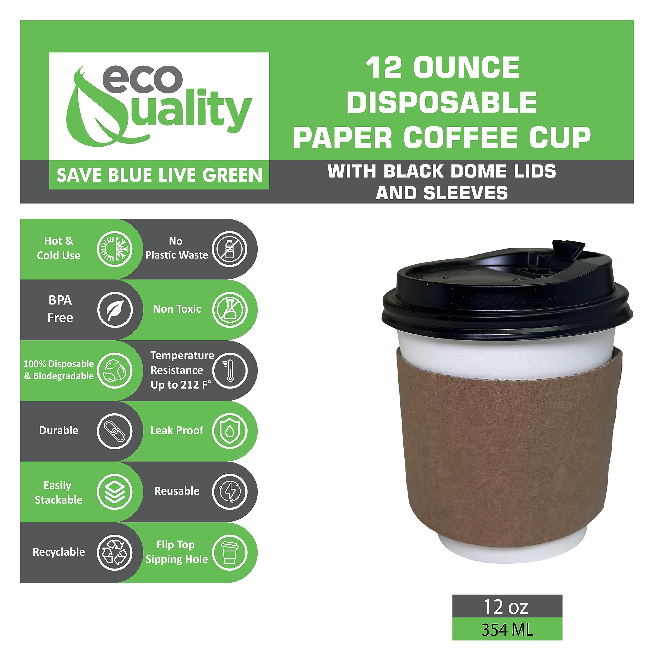 EcoQuality 12oz Disposable Paper Coffee Cups With Lids [300 Pack] - Biodegradable, Compostable, For Hot/Cold Drinks - View #6