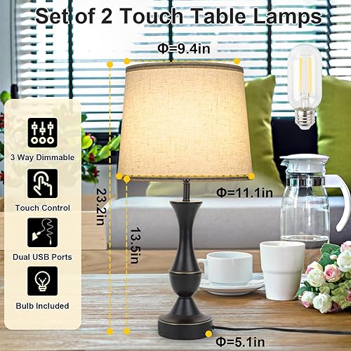 Miniatura 8 de Juego de 2 lámparas táctiles para dormitorios, lámpara de mesa de granja con puerto de carga USB C, lámparas de mesa de noche regulables de 3 vías