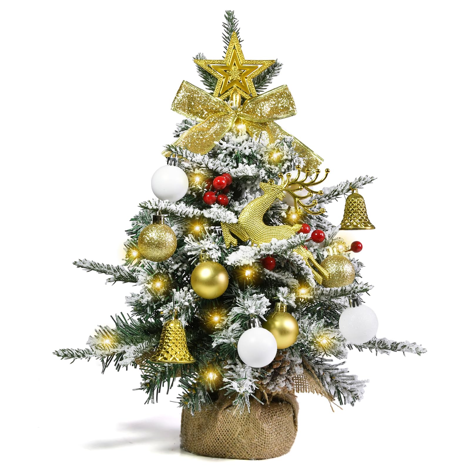 45CM Arbol Navidad Pequeño Artificial con Adornos, 30 Luces LED, Estrella de Arbol, Bolas Navideñas, Mini Nevado Christmas Tree Decoración para Centro de Mesa Navidad Partido Casa Hogar Oficina
