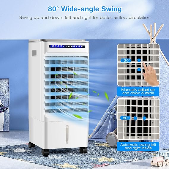 COSTWAY Evaporative Air Cooler, Portable Evaporator Cooler with Remote Control, 7H Timer, 3 Wind Speeds, 3 Modes, 4 Ice Boxes, Mini Air Conditioner for Bedroom Home Office Indoor Use White