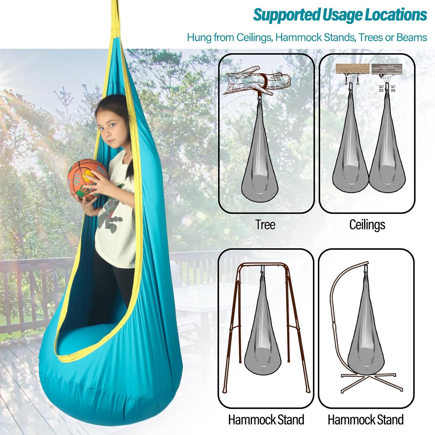 Kids Pod Swing Seat, Max 300 Lbs, Child Sensory Swing Chair Indoor & Outdoor Therapy Hammock Chair with Hanger Kit for Calming, Effect for Autism, ADHD or SPD. (Teal) - Image 6