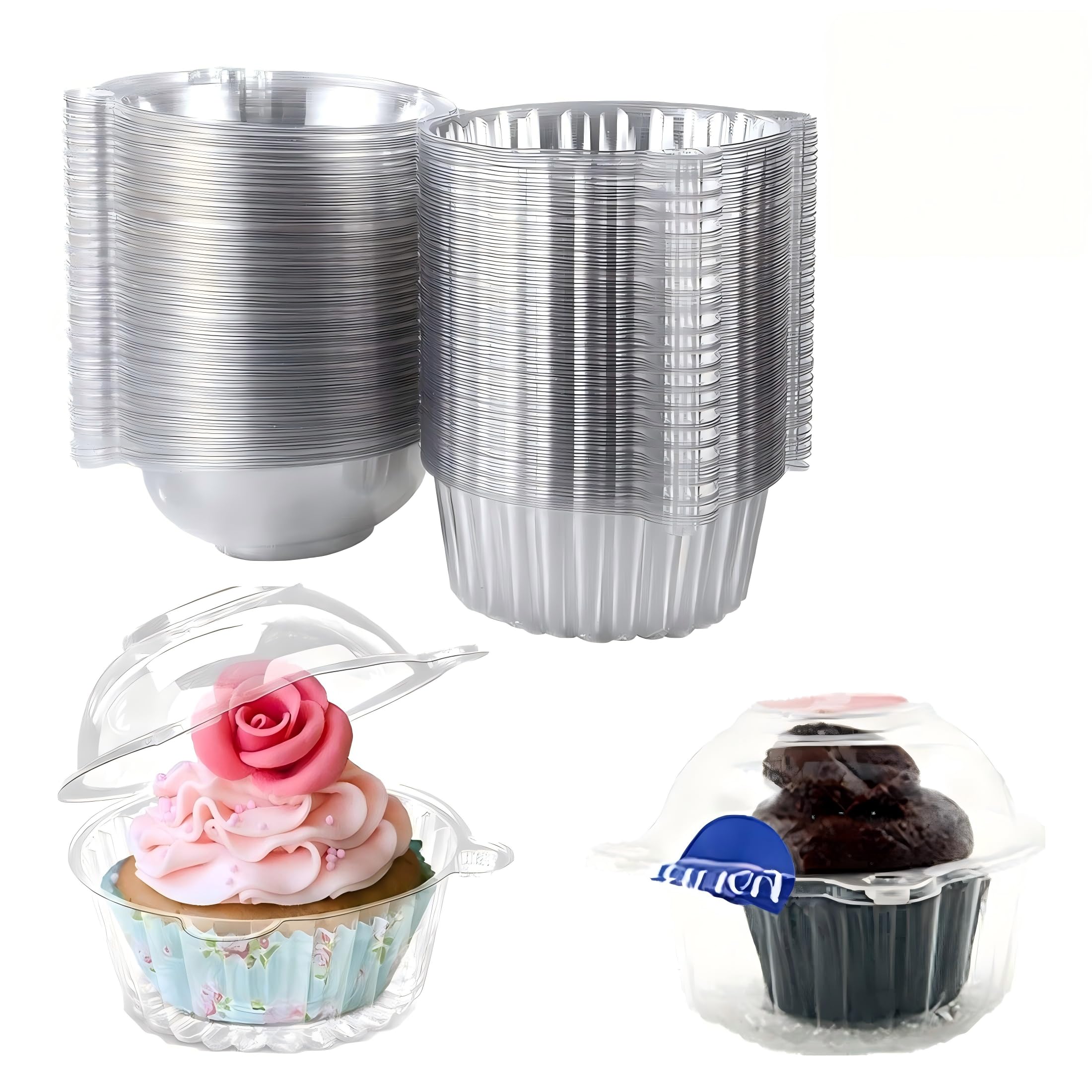 NAXDUR 100 Pack Clear Plastic Single Cupcake Boxes, Dome Lids Muffin Pods Holders, Disposable Cake Cases for Baking, Party, Wedding & Daily Use