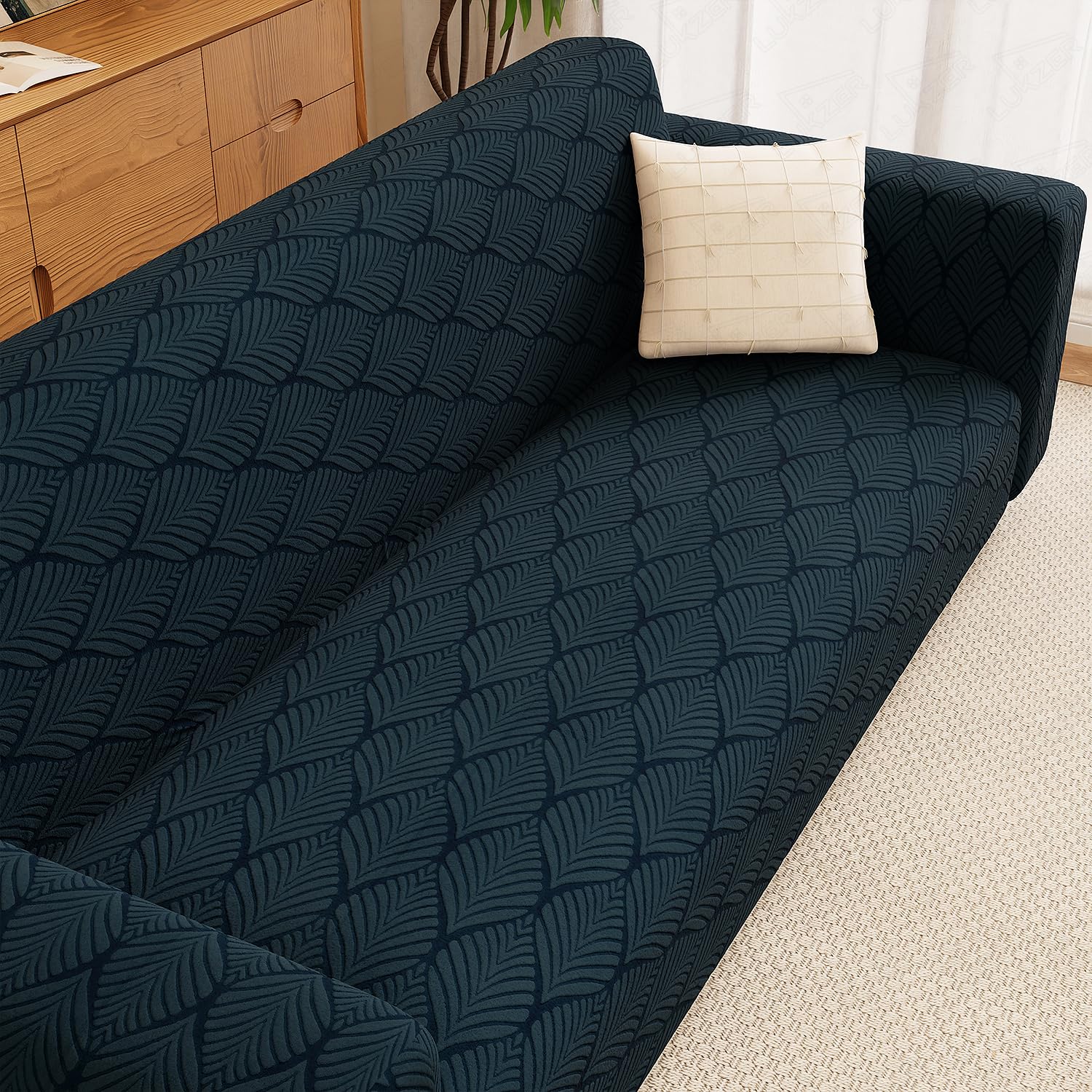 Lukzer Jacquard 4 Seater Universal Sofa Cover with 2 Cushion Covers Soft Touching Flexible Stretch Slipcover (Pastel Marine Blue Leaf Trail/SC-131-04/230-300cms) (220GSM)-image-29