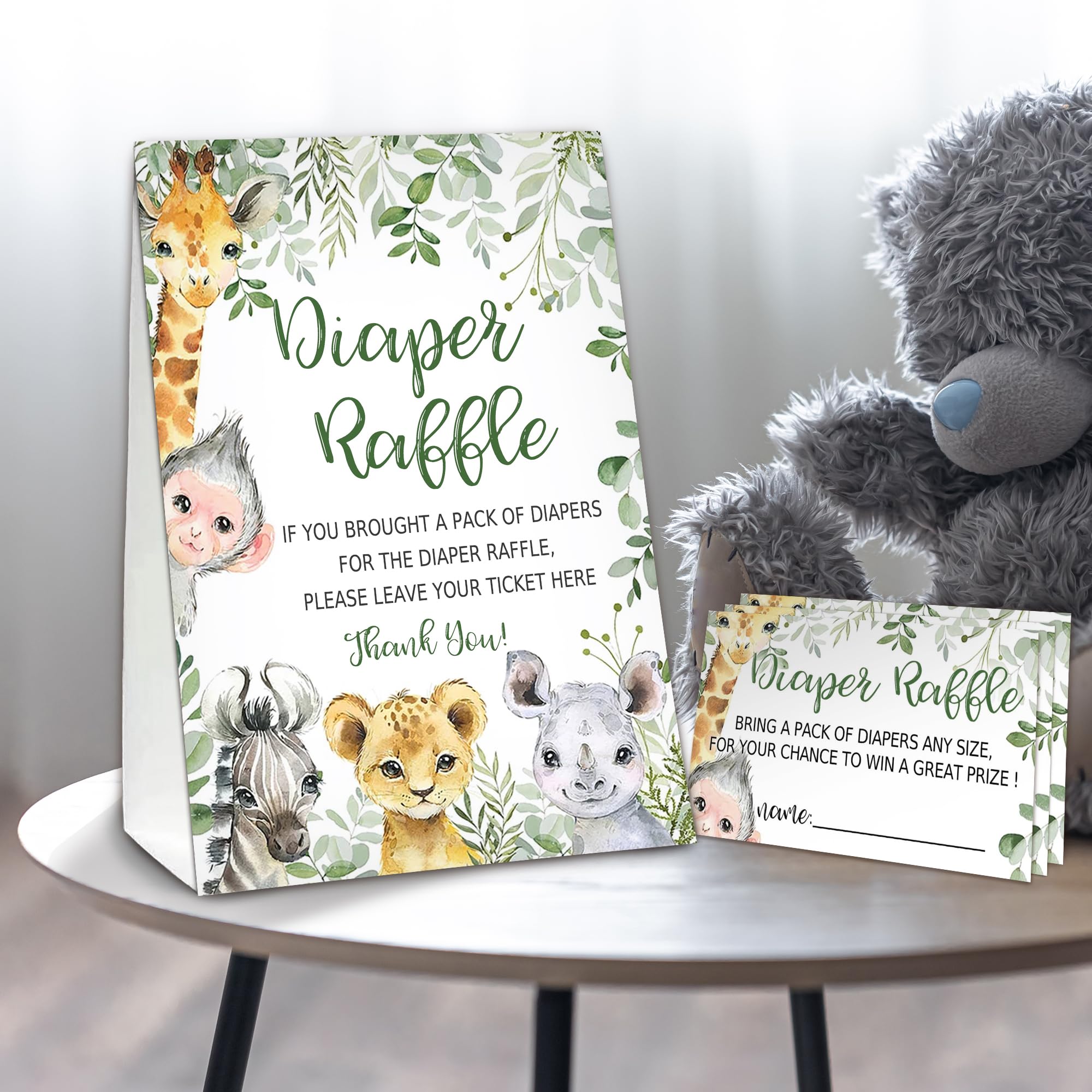 Boletos de rifa de pañales de animales de la selva para juego de baby shower, 1 letrero de pie (5 x 7 pulgadas) y 50 tarjetas de adivinación para decoración de fiesta de baby shower