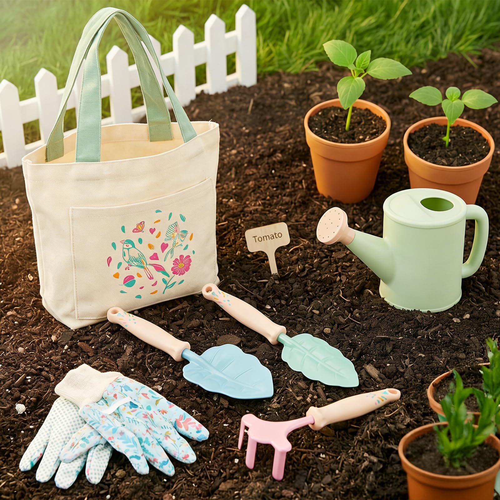 FITNATE Kinder Gartenarbeit Set,6 PCS Gartenwerkzeug Kinder Mit 3 Gartengeräte, Gartenhandschuhe & Aufbewahrungstasche, Out/Indoor Spielzeug Geschenk für Jungen Mädchen