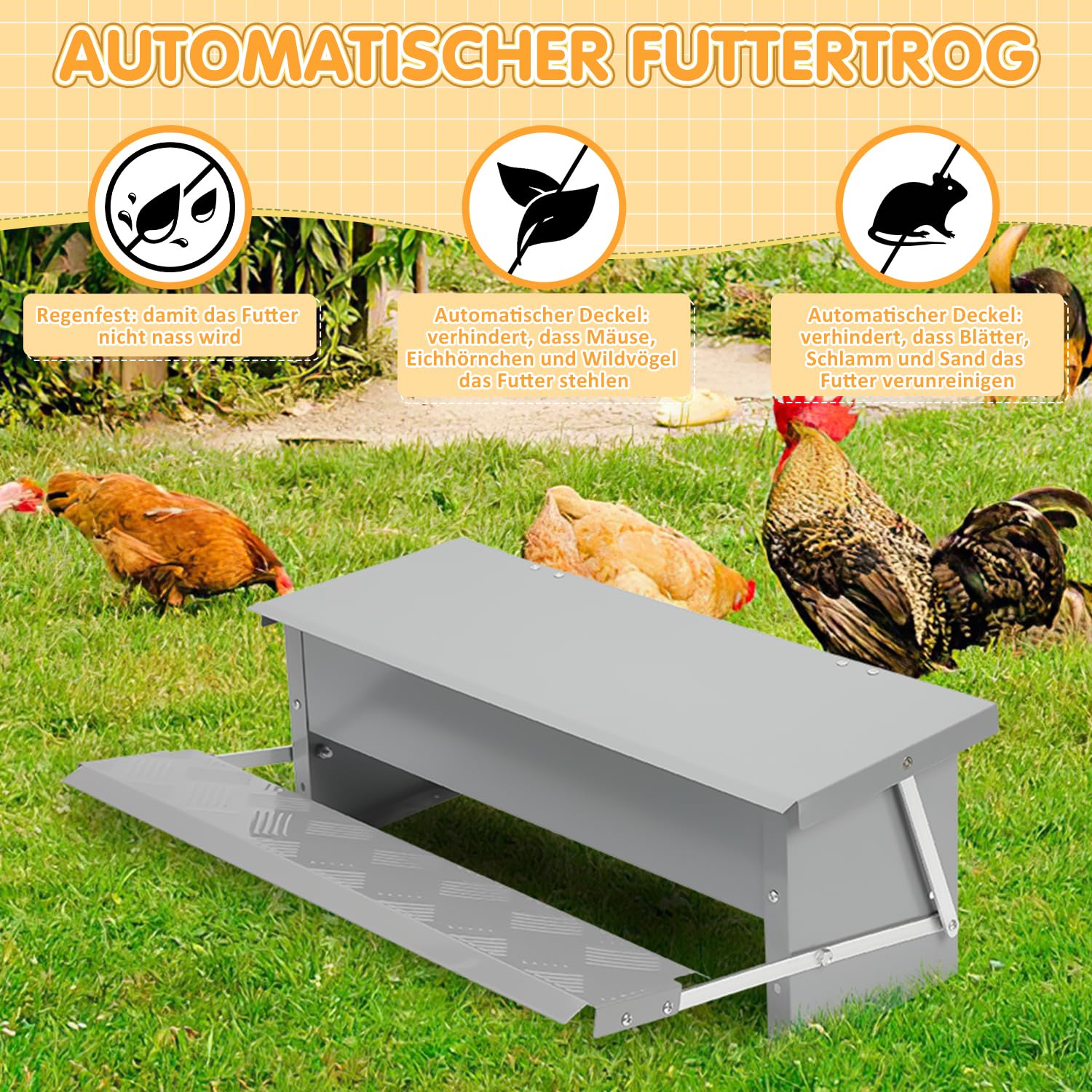 Comedero automático para mascotas con tapa de acero inoxidable, 5 kg, comedero automático para gallinas, 2 comederos, diseño antideslizante e innovador bisel interior, ideal para perros y