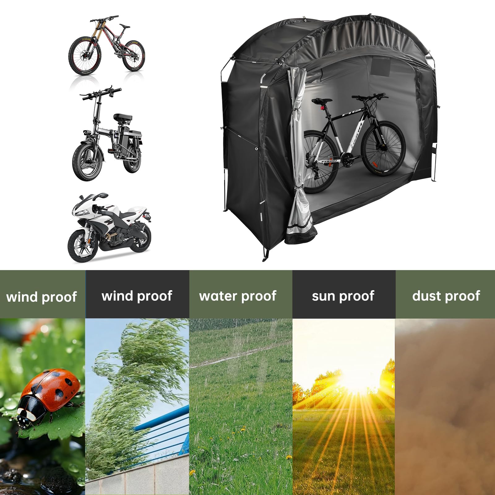 Tenda da bicicletta, impermeabile, portatile, da campeggio, per biciclette, garage, per esterni, per biciclette, moto, attrezzi da giardino, colore nero