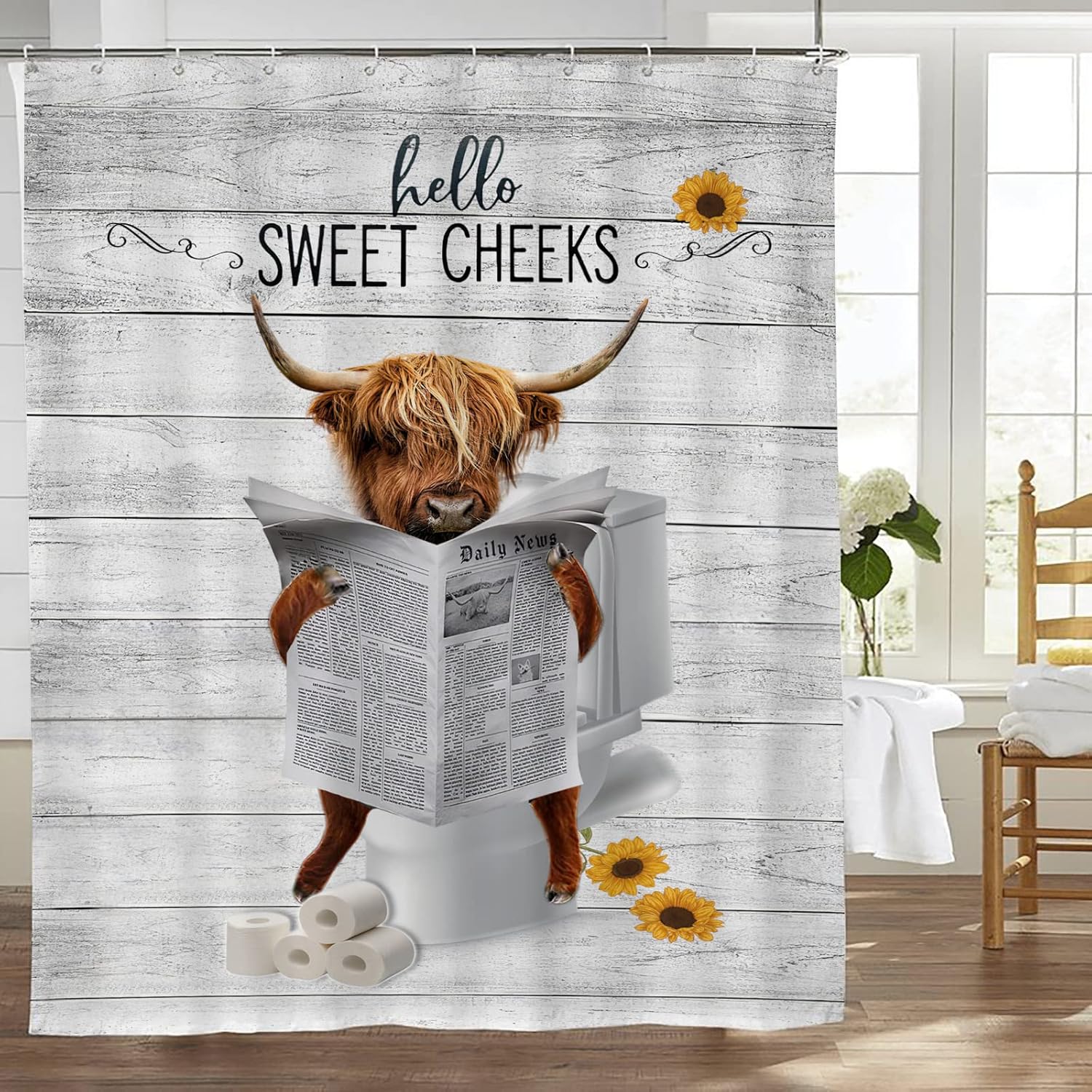 Xgidkew Funny Highland Cow Shower Curtain Farmhouse Rustic