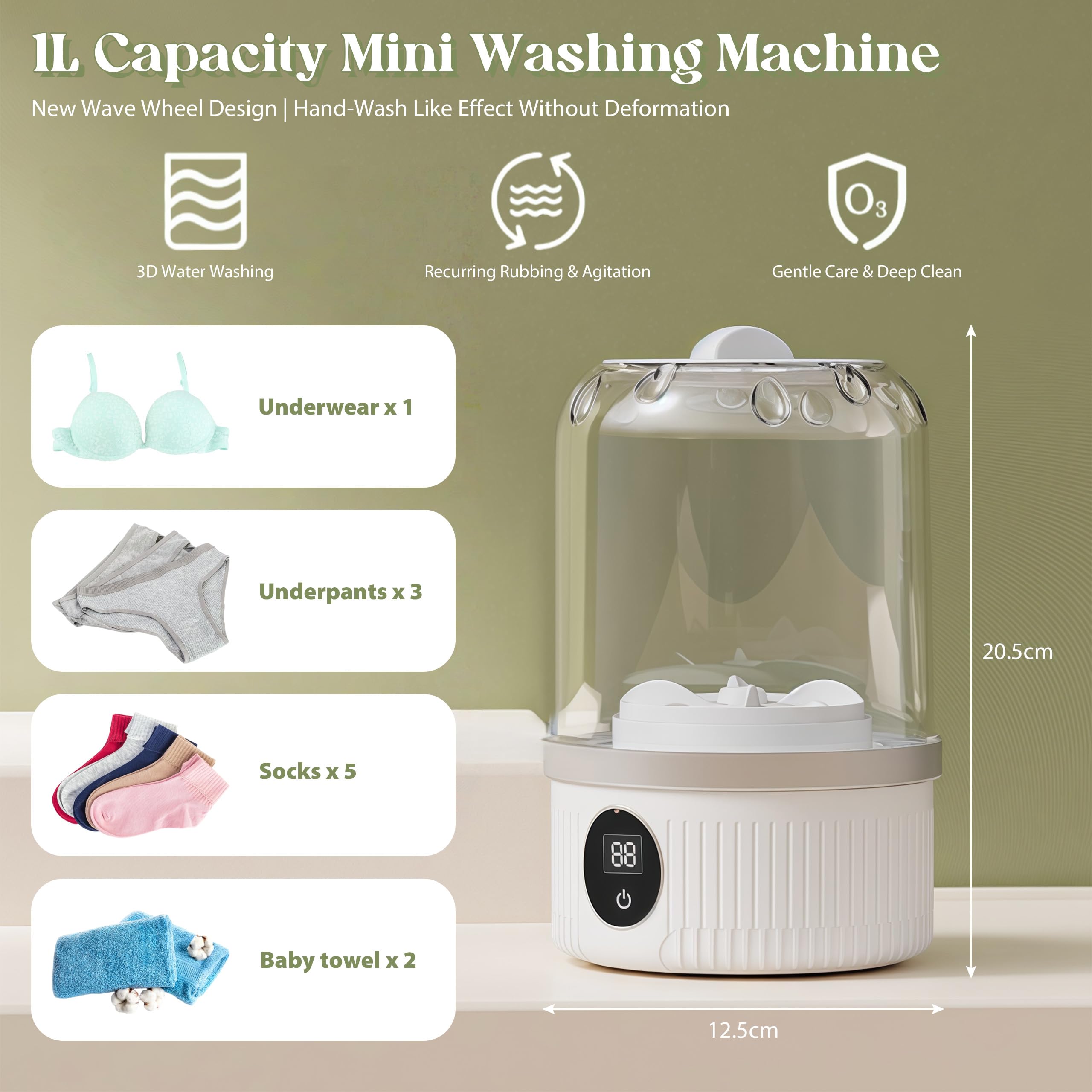 Mini-Waschmaschine, 2 Modi Tragbare Waschmaschine für Camping Reisen Hotel, 15W 1L Unterwäsche-Waschmaschine, Wiederaufladbar Kleine Mobile Waschmaschine für Babykleidung, BHs, Unterwäsche, Socken