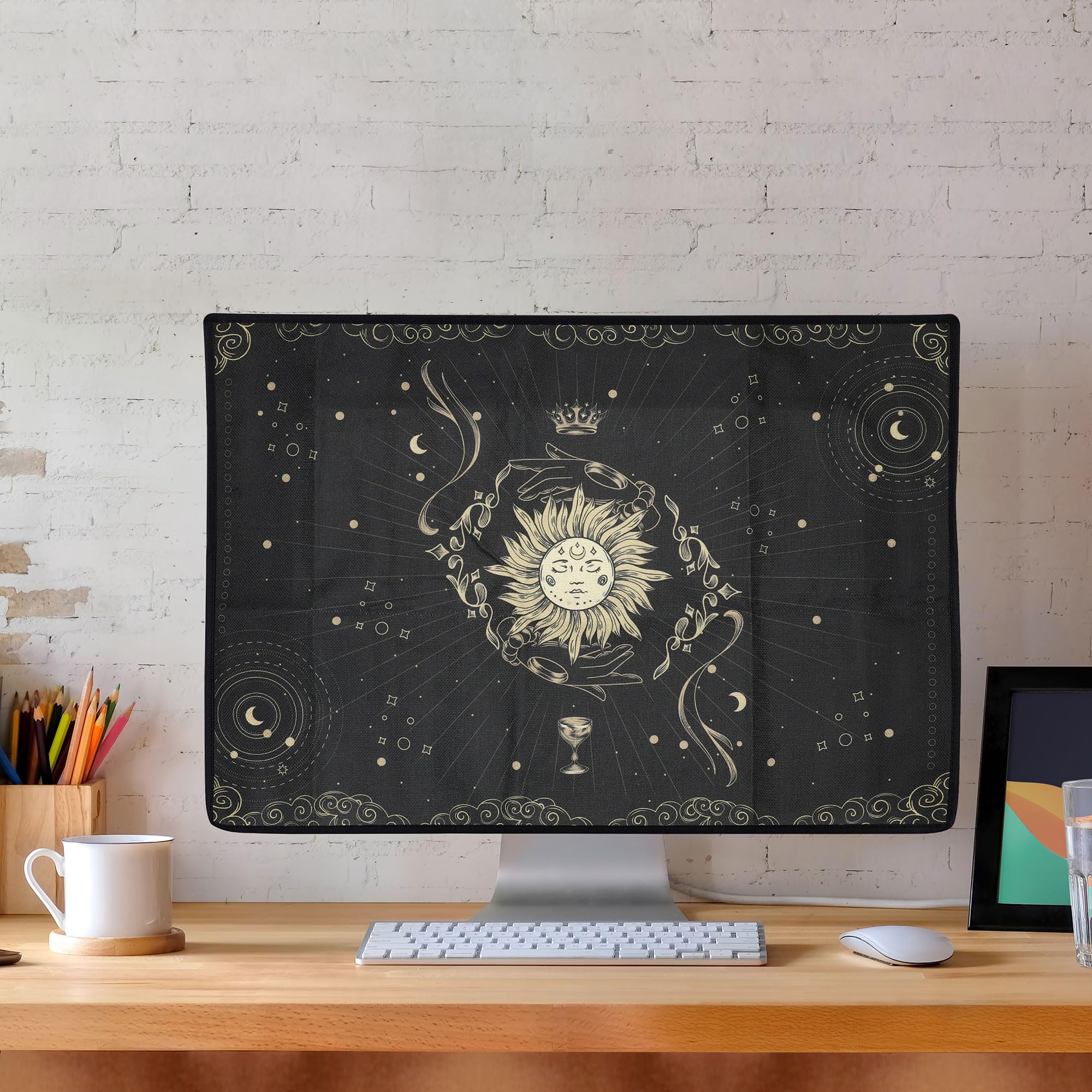 kwmobile Housse écran ordinateur compatible 27-28" moniteur protection PC en lin bleu foncé jaune noir