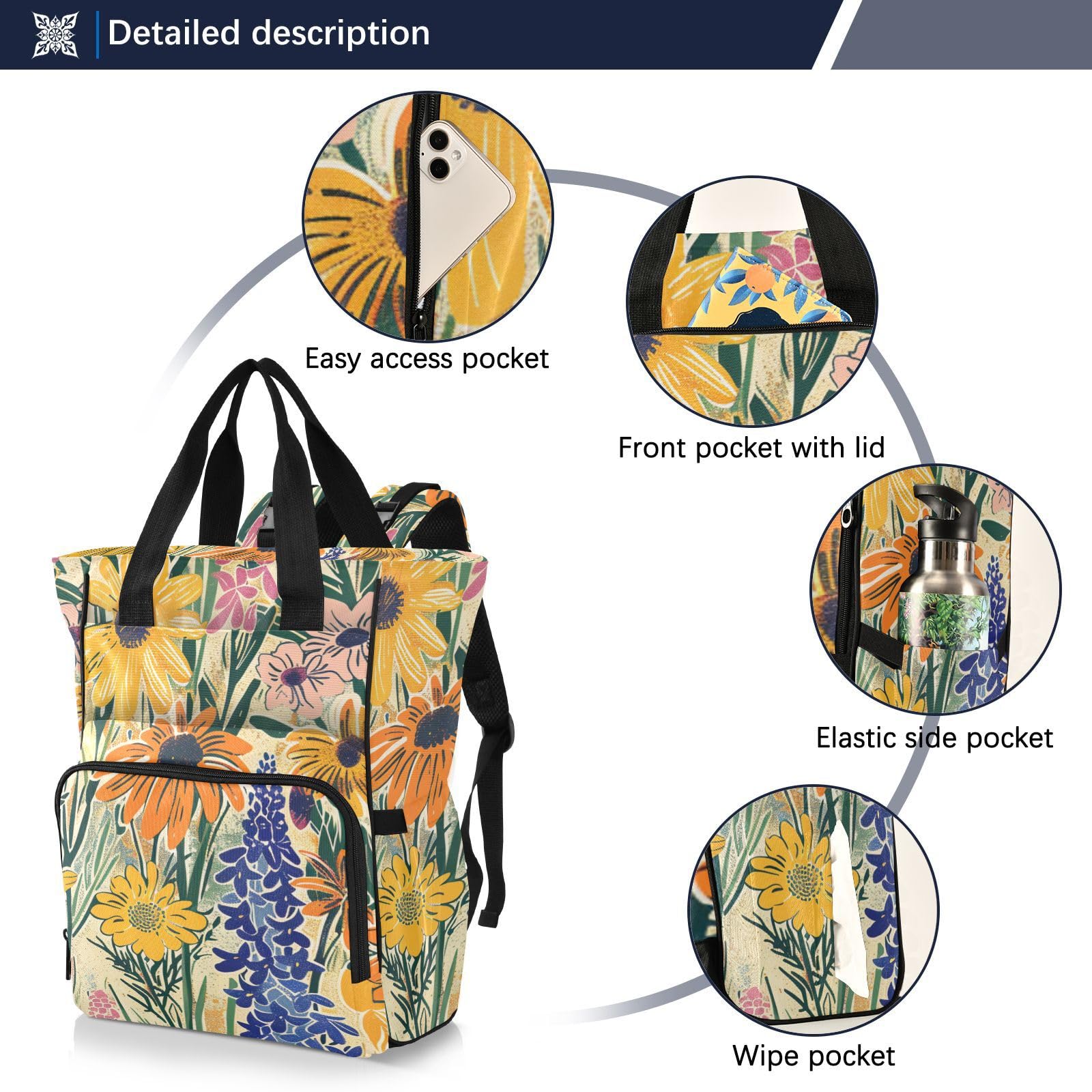 Borsa per pannolini per la mamma con bellissimi fiori estivi e