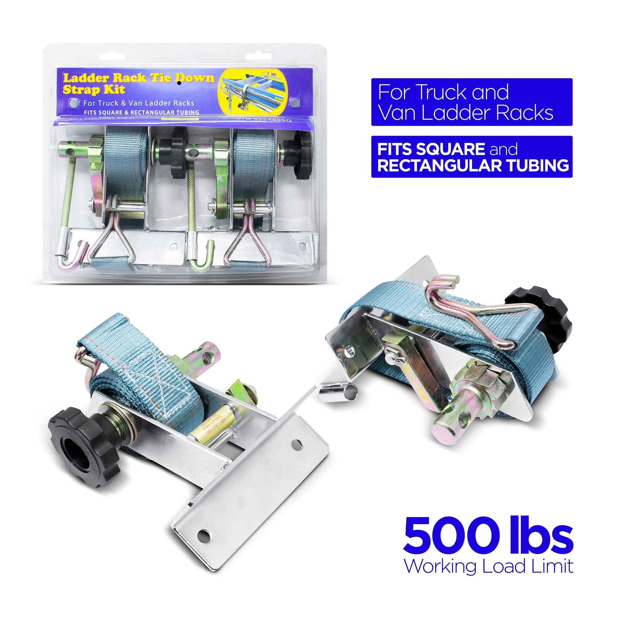 Pair of Polished Stainless Steel Ladder Rack Ratchet Tie-Down Straps Square Mount