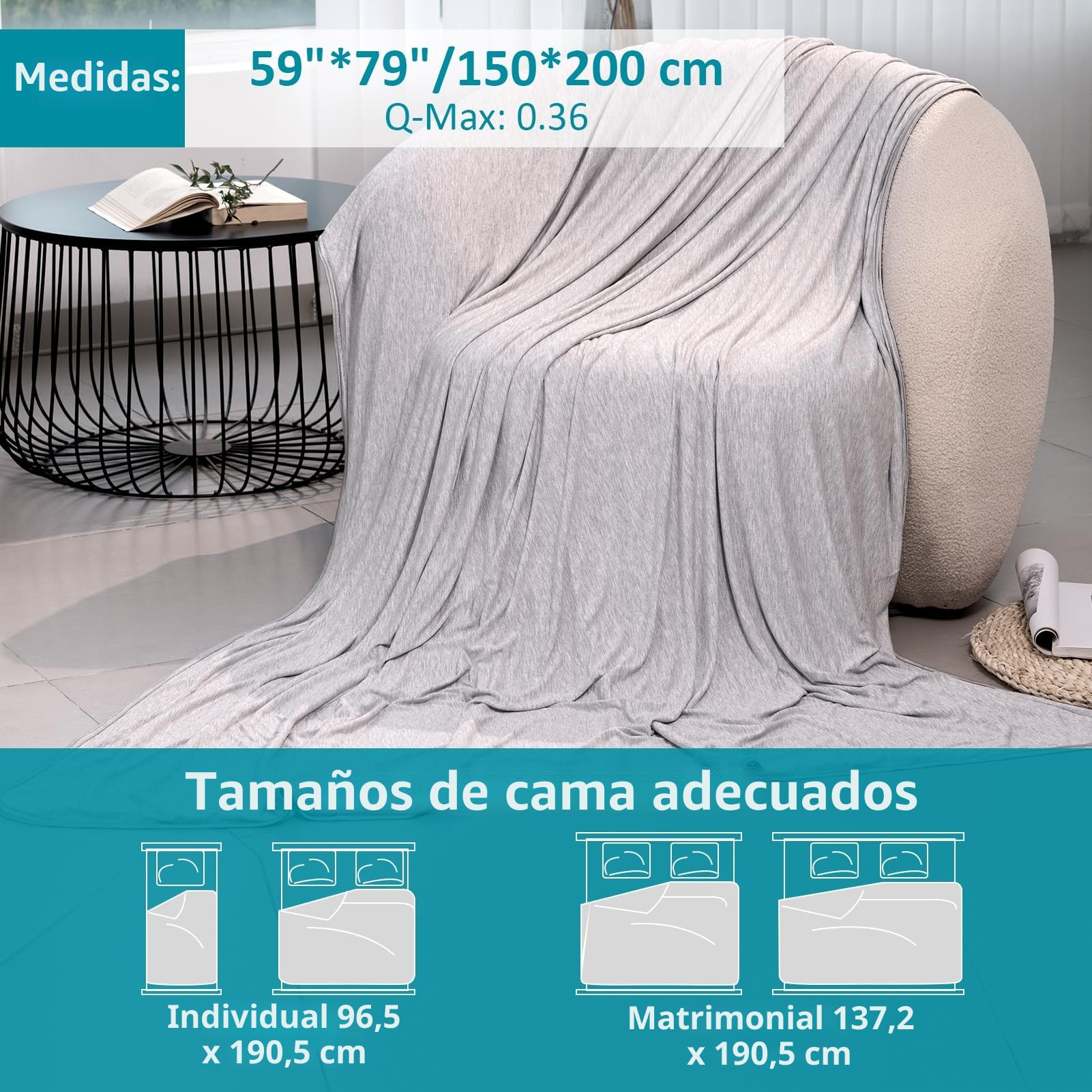 Uplayteck Manta Refrescante para Verano, 150×200cm Manta de Enfriamiento con Doble Cara, Transpirable Suave, ARC-Chill Q-MAX＞0.36, Mantafresca de Verano para bebés, Mascotas, familias(Gris)