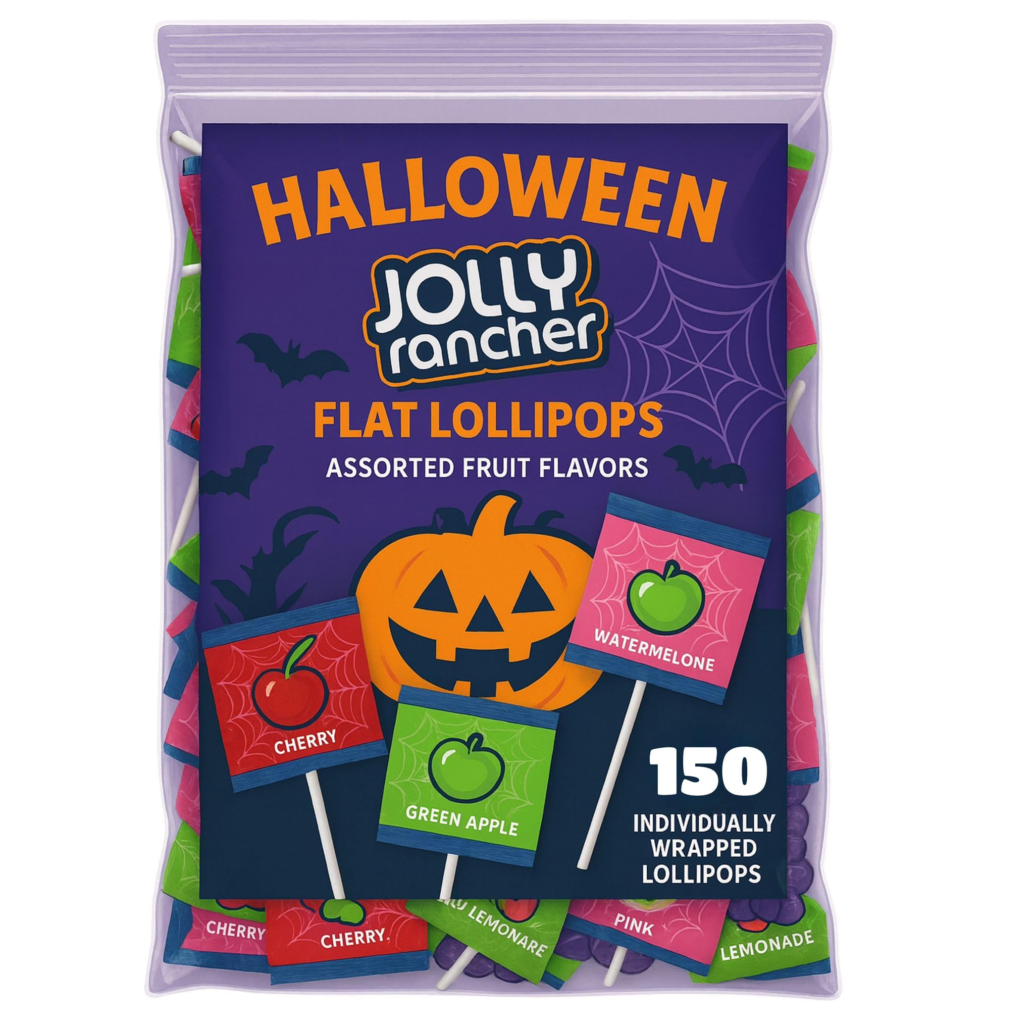 Halloween JollyRanchr Flat Lollipops – Assorted Fruit Flavors, 150 Count Bag (34.2 oz) – Party Favors, Trick-or-Treat Candy, Halloween Gifts