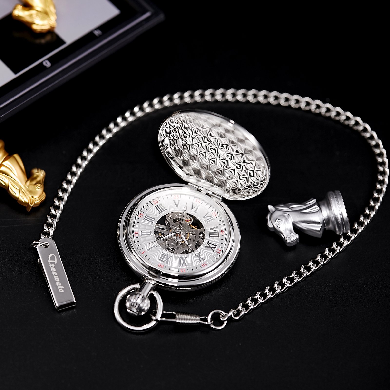 TREEWETO Relojes de bolsillo para hombre y mujer, reloj de bolsillo mecánico antiguo en dorado/plata con cadena, plata, Antiguo