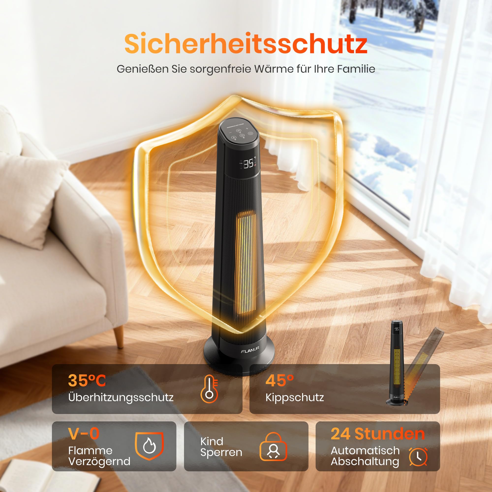 FLANUR Heizlüfter Energiesparend, 1500 W PTC Keramik Heizlüfter Leise, 74cm Elektroheizung mit Thermostat & Fernbedienung, ECO Modus, 70° Oszillation, 12h Timer, Überhitzungs-Kippschut, Black, 1Pack