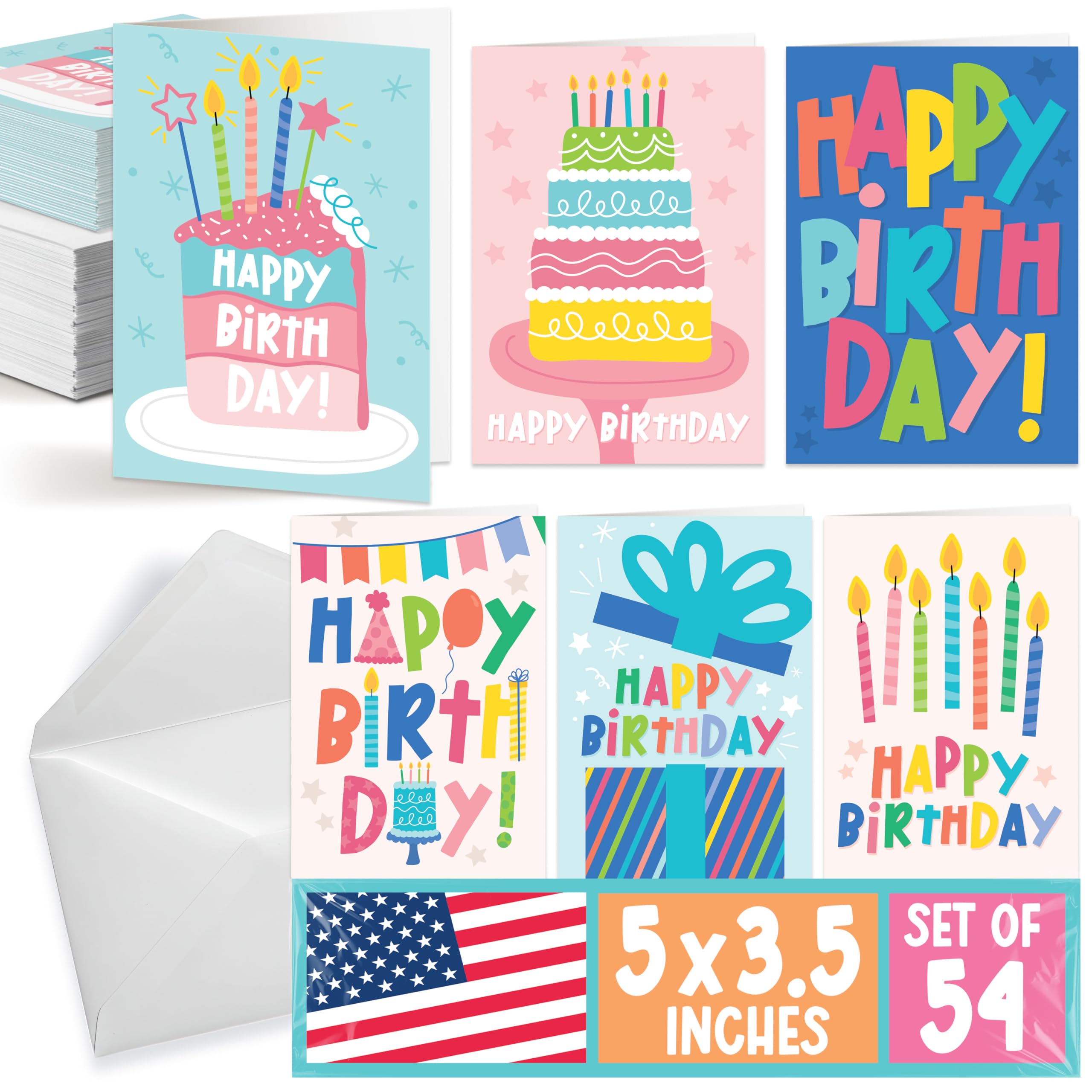 Hadley Designs Happy Birthday Cards Bulk with Envelopes - 54 Assorted Birthday Cards for Kids & Adults, Bulk Greeting Card Pack for Office, Generic