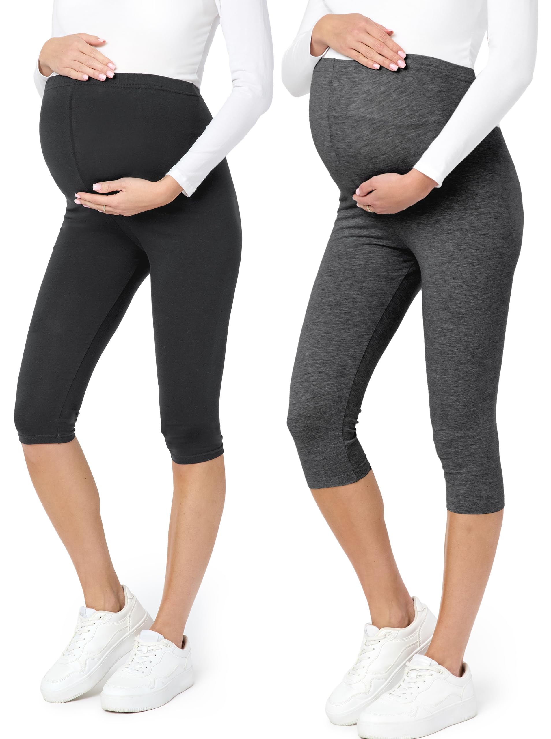 Be Mammy Leggings de maternité en Coton 3/4 Courts Confortables et Opaques 3/4 Pantacourt Pantalon Grossesse Maternité 2Pack BE20-229