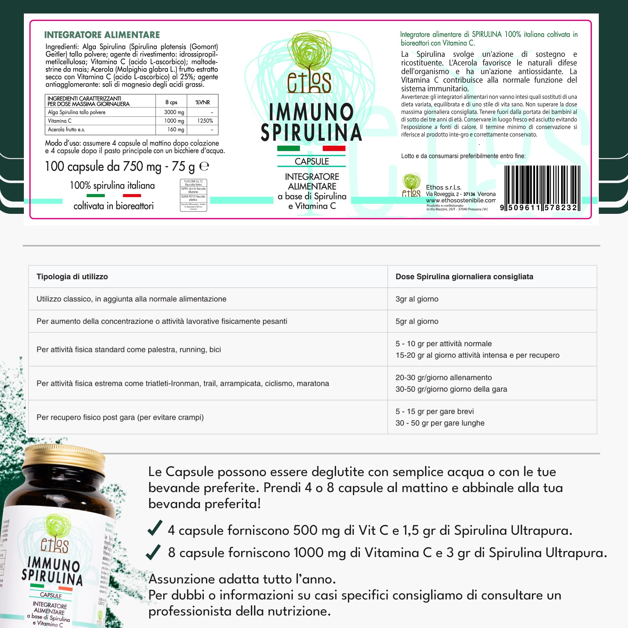 ETHOS Immuno Spirulina in Capsule - Integratore Difese immunitarie con Vitamina C e Acerola, Alga Spirulina Prodotta e Confezionata in Italia, Superfood Naturale, 100 Capsule da 750mg