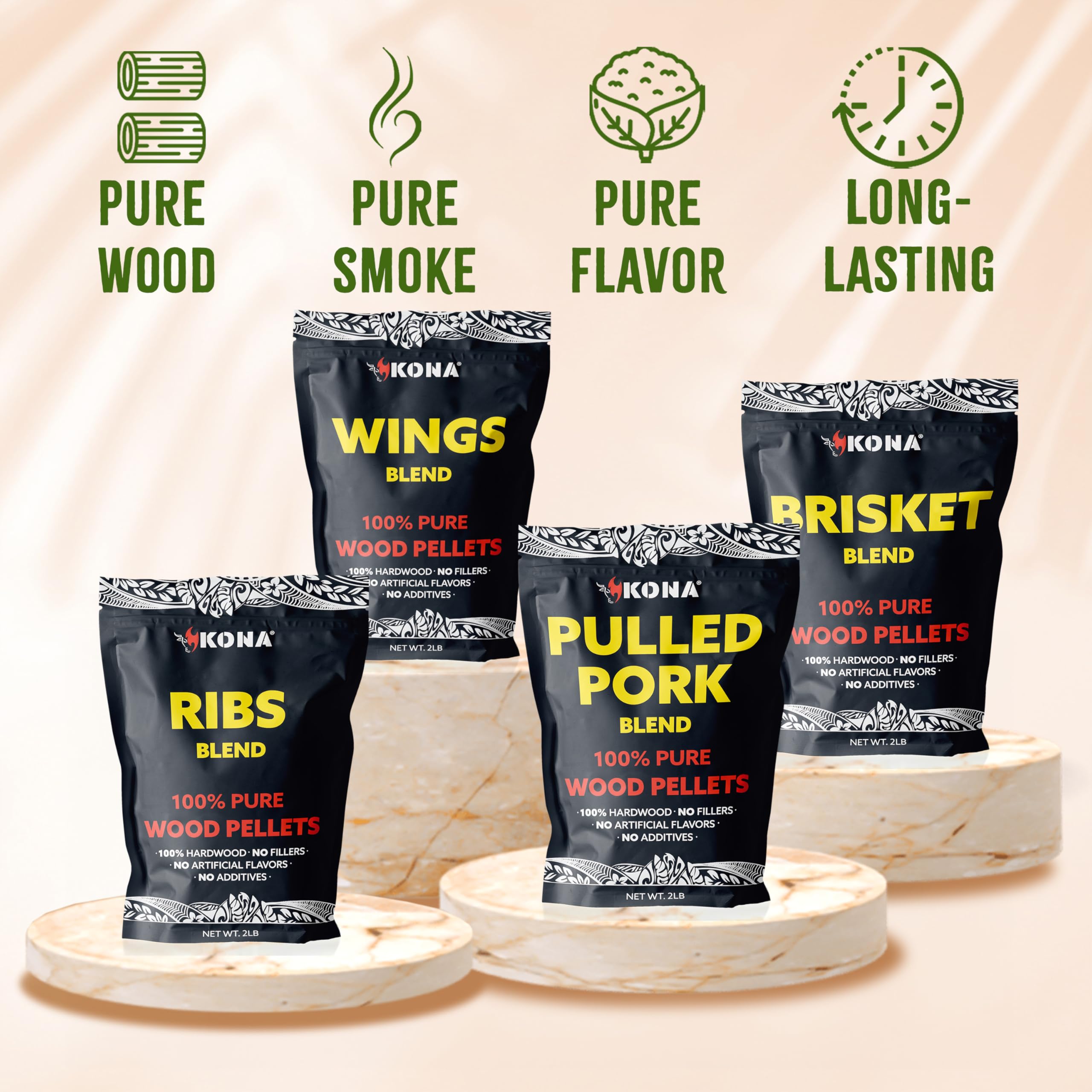 Kona Lot de 4 sacs refermables de 0,9 kg pour poitrine de granulés de bois, côtes, ailes et mélange de porc effiloché pour barbecue en plein air Ninja Woodfire