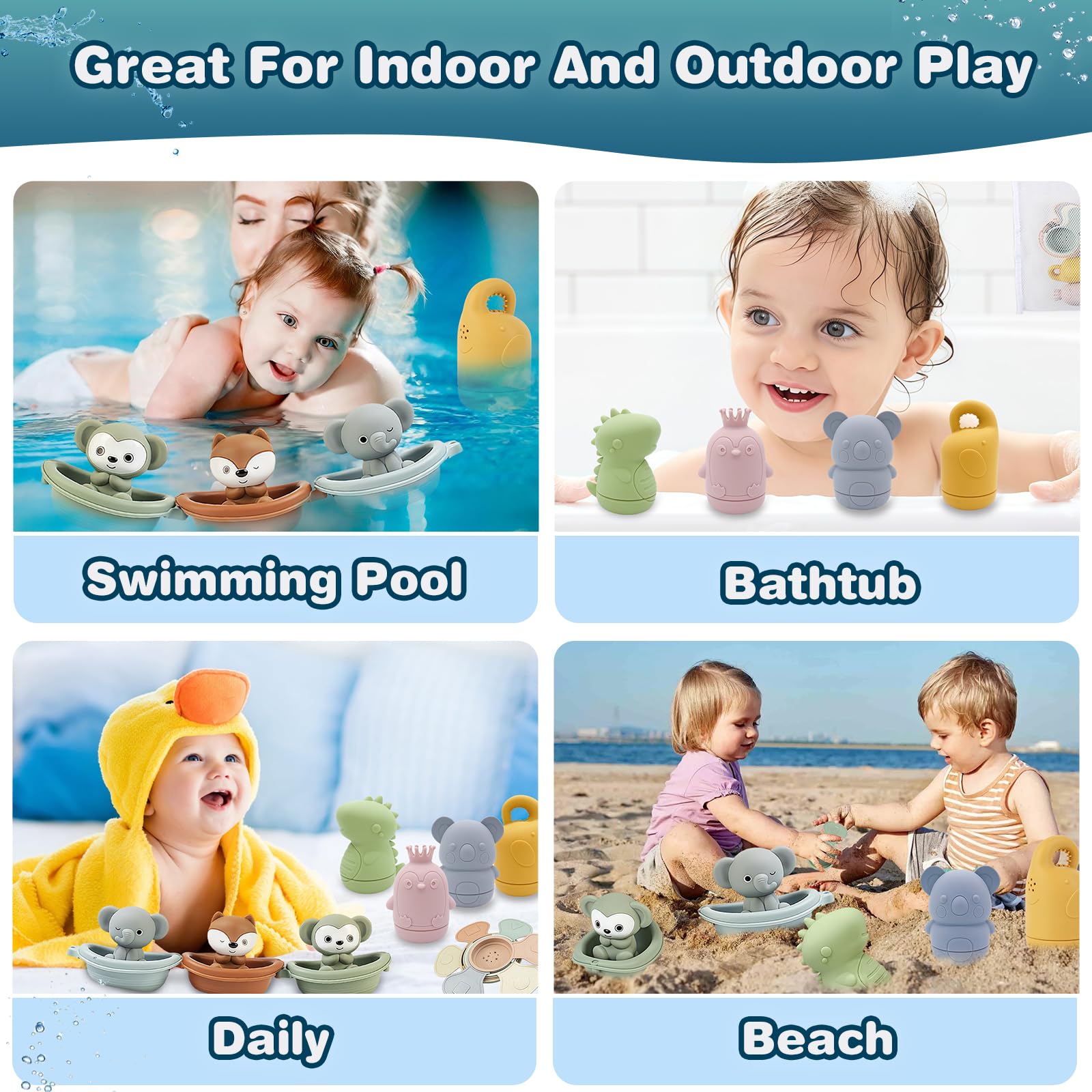 Jouet Bain Bébé, Lot de 16 Jouets de Bain Aspergeurs en Silicone, Jeux de Bain Bebe Animaux, Jouets pour Plage ou Plein Air, Jouets Empilables Enfant Jeux Educatif 1 2 3 Ans, Idéal Cadeaux pour Bébé