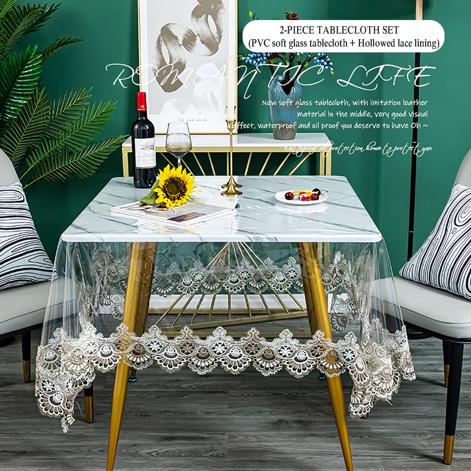Mantel PVC Impermeable con Encaje, 2pcs Mantel Transparente plastico, manteles resinados Antimanchas, manteles de Mesa Modernos para Fiestas,cumpleaños,Halloween,Navidad Decoraciones,110x110cm