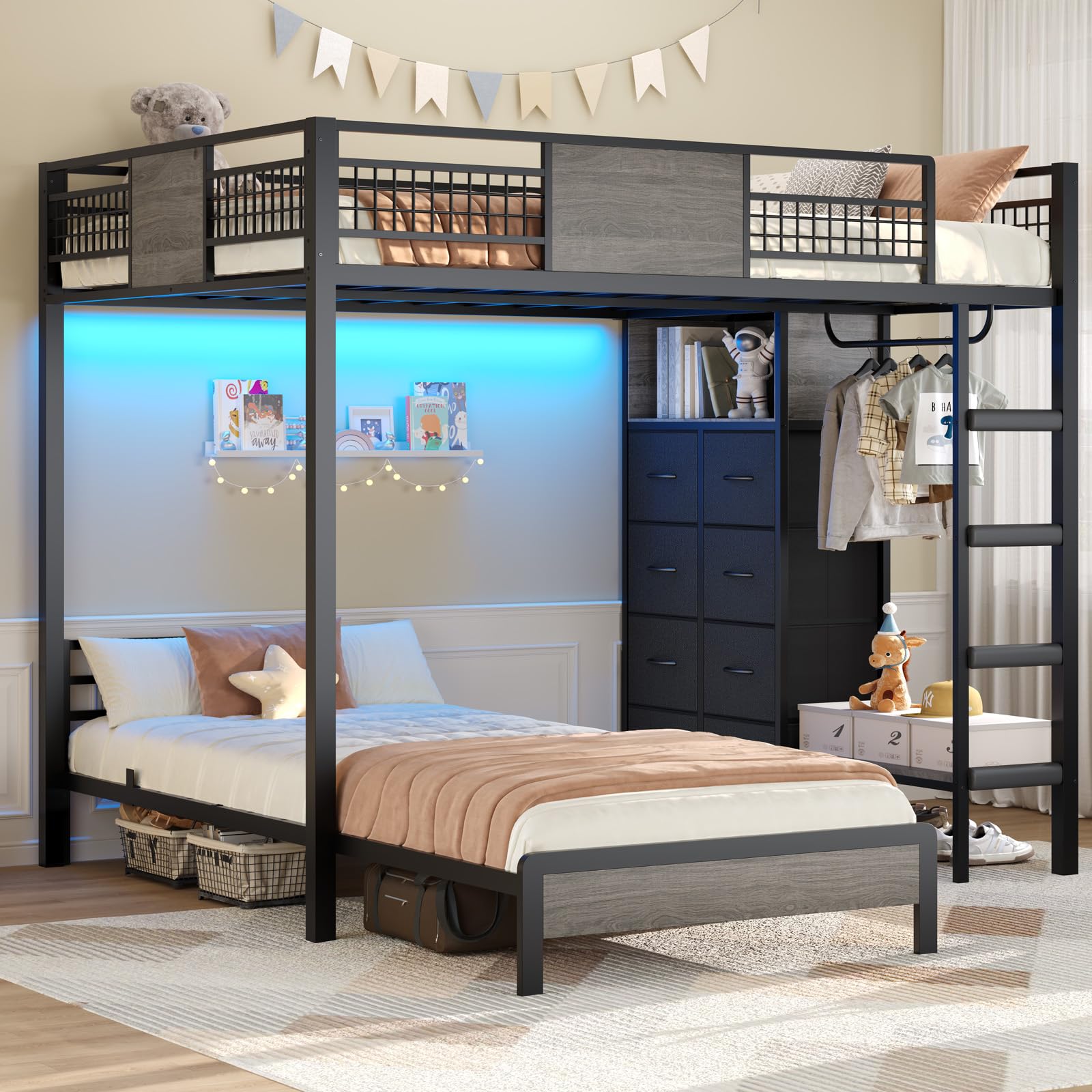 Full Over Twin Bunk Bed with 8 Storage Drawers, Metal Loft Bed with Led Lights & Storage Shelves, Bunk Beds Twin Over Full Size with 13.4" H Safety Guardrail & Ladder, for Kids & Teens, Grey, Incomplete Box 1 of 2 only.